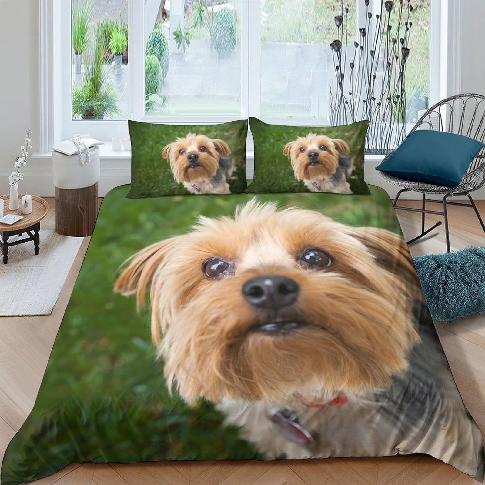 Ctjqhvkz Style-3 3D Printed Yorkshire Terrier Fitted Sheet Microfiber Soft Green Dog Mattress Cover Bedroom Decor Machine Washable Single（135X200cm）