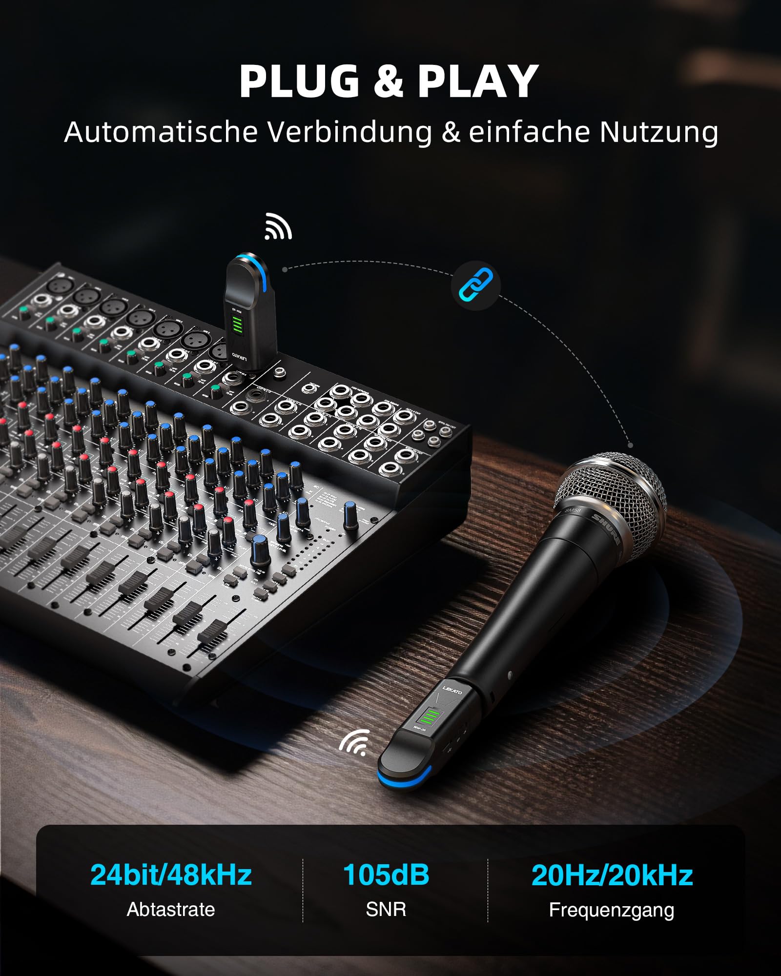 LEKATO 2,4 GHz Funkmikrofonsystem, XLR Sender Empfänger, 48V Phantomspeisung, für Kondensator & Dynamische Mikrofone, Plug & Play, 8 Std. Laufzeit, geeignet für PA, Mischpult, Live Auftritte (MW-20)