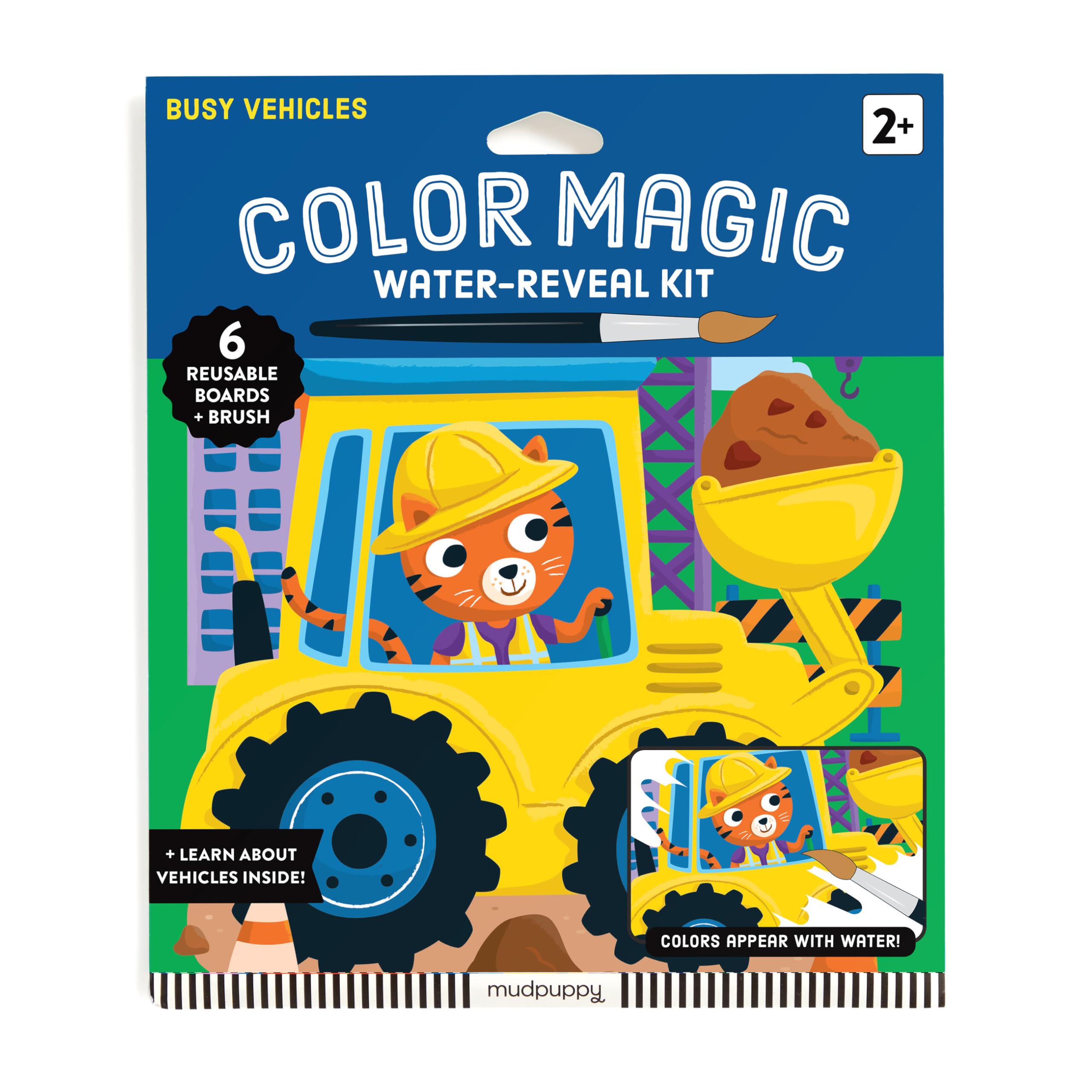 Mudpuppy Vehicles Color Magic Water Reveal Kit – Reusable Water Reveal Book Featuring Vehicle Artwork