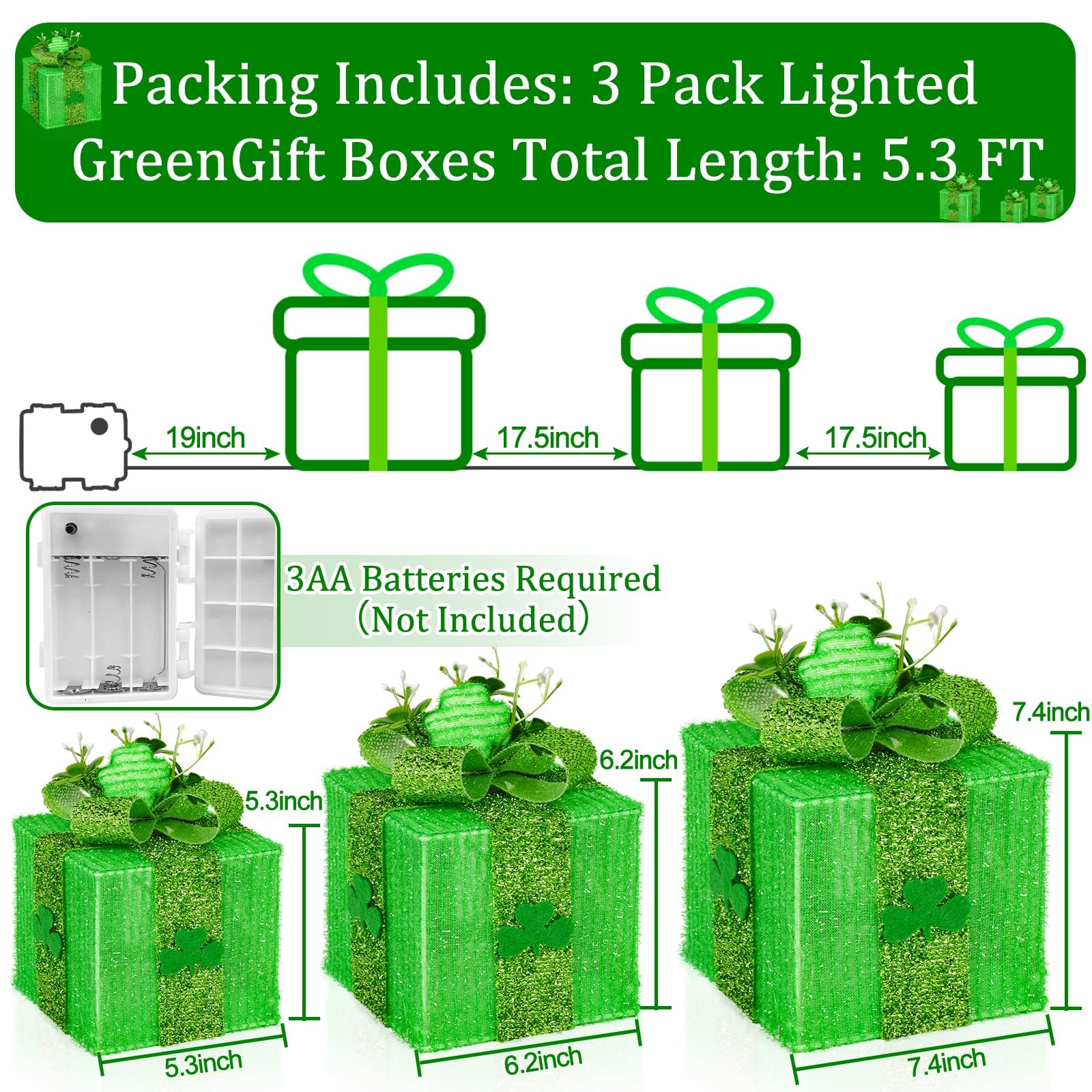 Timer & 8 Mode 3 Pack St Patricks Day Decorations Lighted Gift Boxes with 3D Shamrocks 60 LED Glitter Tinsel St Patrick's Day Decor Battery Operated Light Up Clover Present for Outdoor Home Room Decor