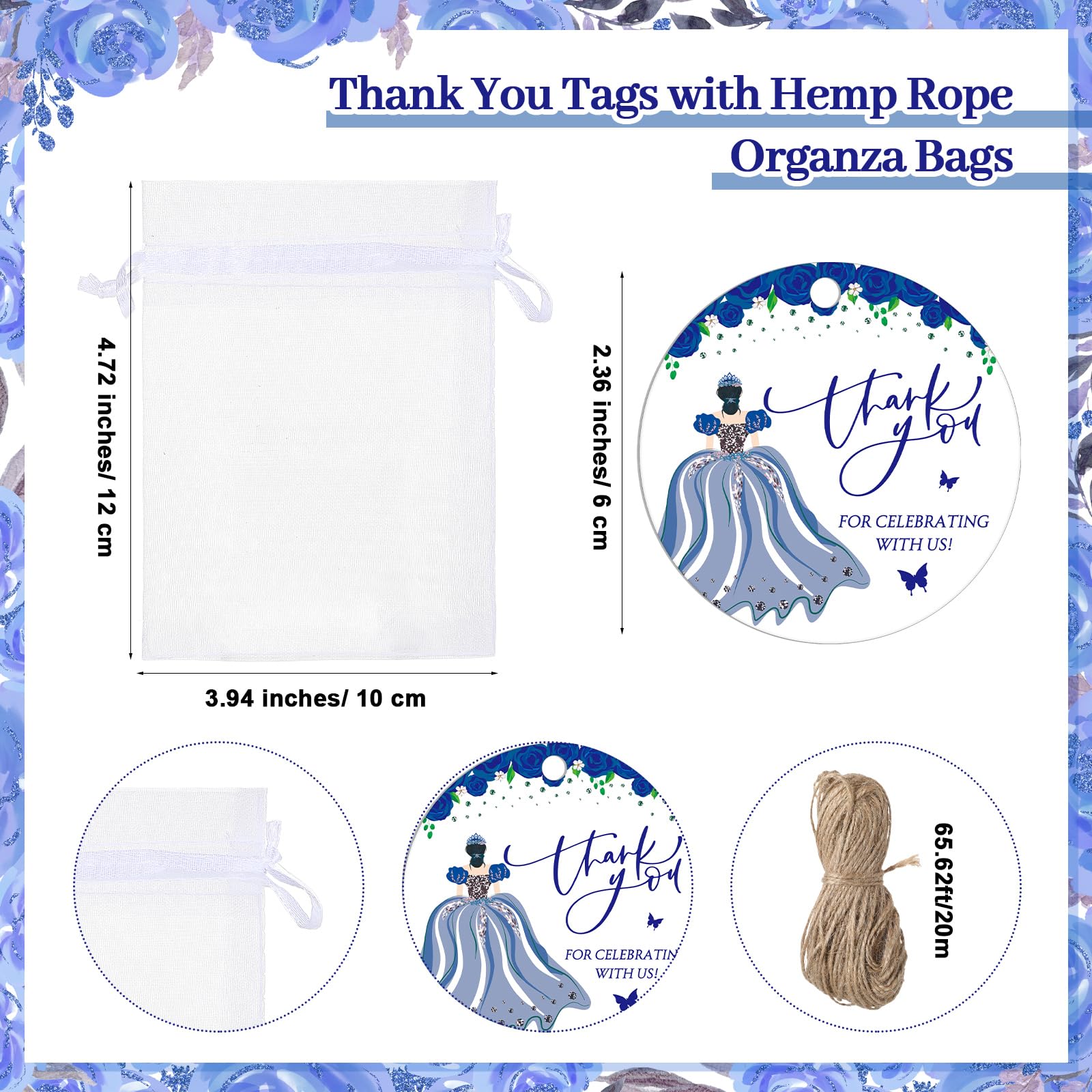 Dandat 50 Sets Quinceanera Party Favors for Guests Sweet 15 Bottle Opener Keychain with Thank You Cards Organza Bags Rope Quinceanera Gift for 15th Birthday Party Favor Guests (Blue,Silver)