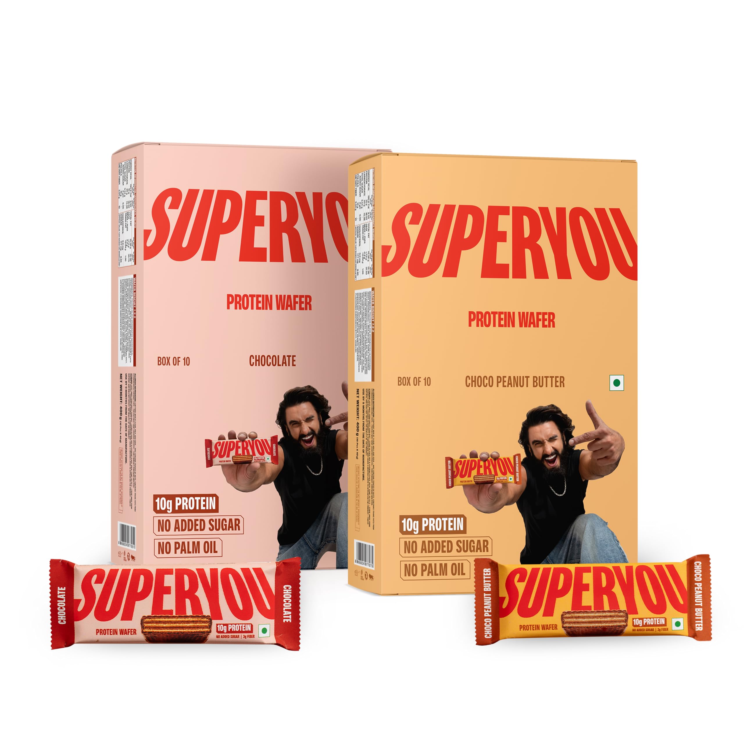 Superyou Chocolate Protein Wafer Bars (Pack of 10) & Choco Peanut Butter (Pack of 10)|10G Protein,3G Fiber,No Added Sugar|Yeast Fermented Protein|Crunchy Wafer Bar|100% Vegetarian|No Palm Oil|800G