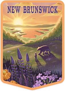 Die Cut Sticker New Brunswick, Lithograph, Bear and Spring Flowers, Lake, Vinyl Sticker, (Waterproof Decal for Cars, Water Bottles, Laptops, Coolers), Small