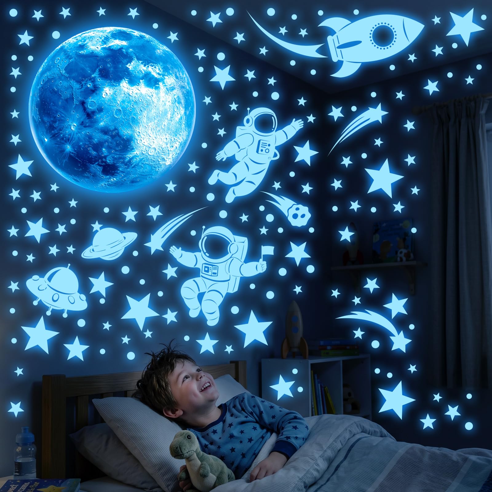 Decowall Glow In The Dark B Glow In The Dark Moon & Astronaut Wall Stickers – Luminous Rocket, Ufo & Stars – Bright Night Sky Decor For Kids Bedroom, Nursery & Playroom (Gds4-7005)