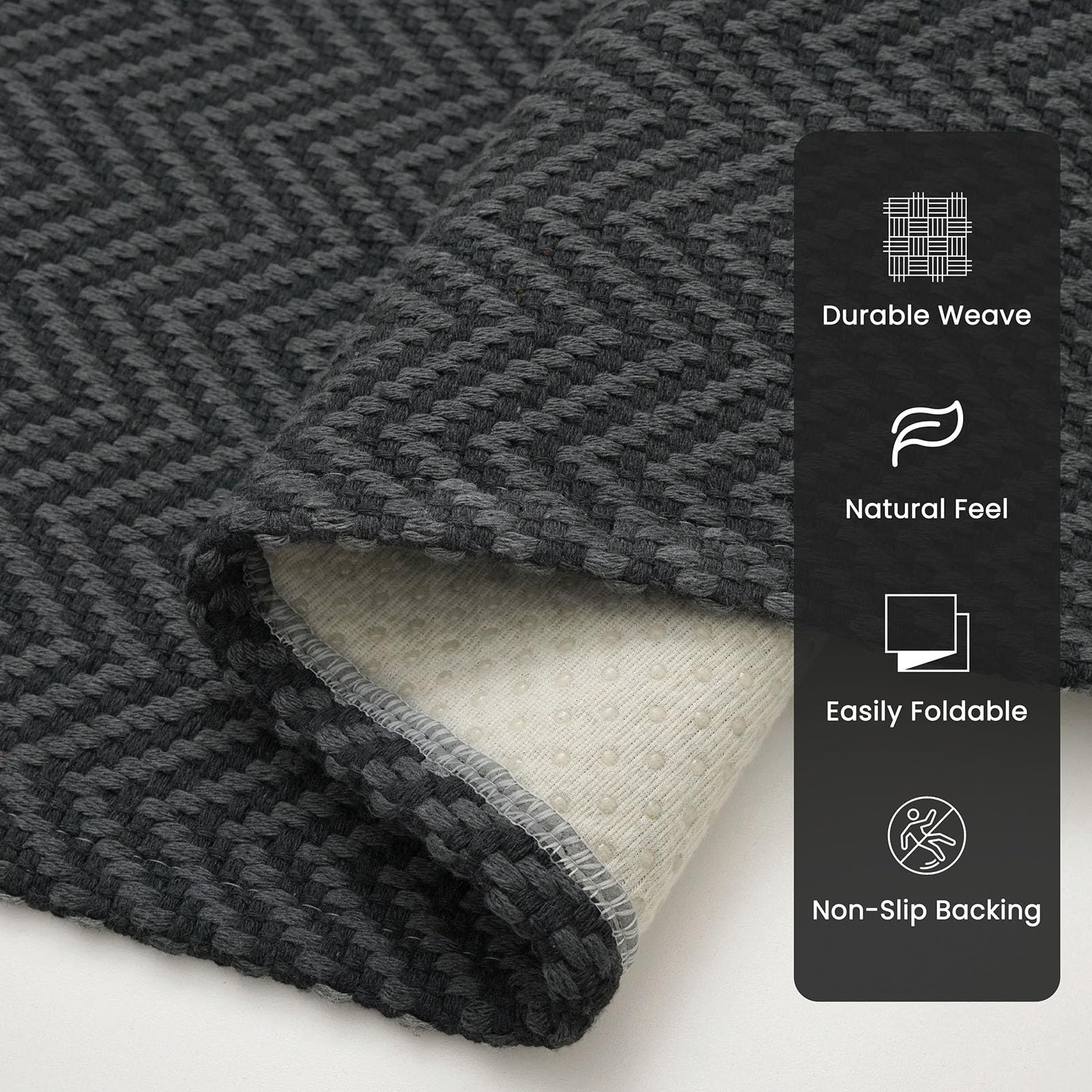 Alfombra trenzada de 2 x 8 pies, lavable, para pasillos, cocina, con respaldo de goma, de algodón, para entrada, interior, alfombra tejida para pasillo, cocina, dormitorio, color negro y gris