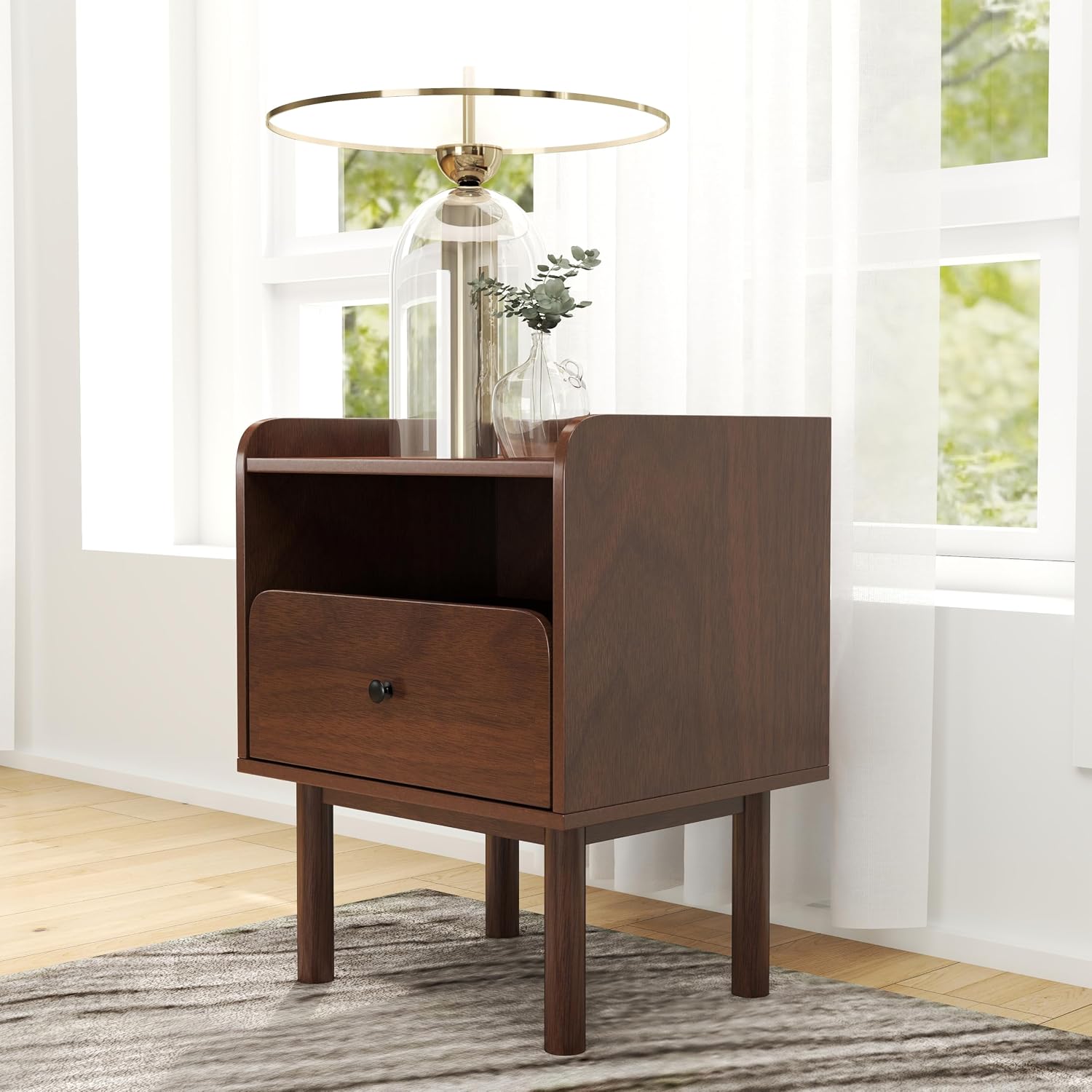 Roundhill Furniture Wyller Dual-Tier Storage Nightstand, Side Table, Natural Walnut Finish