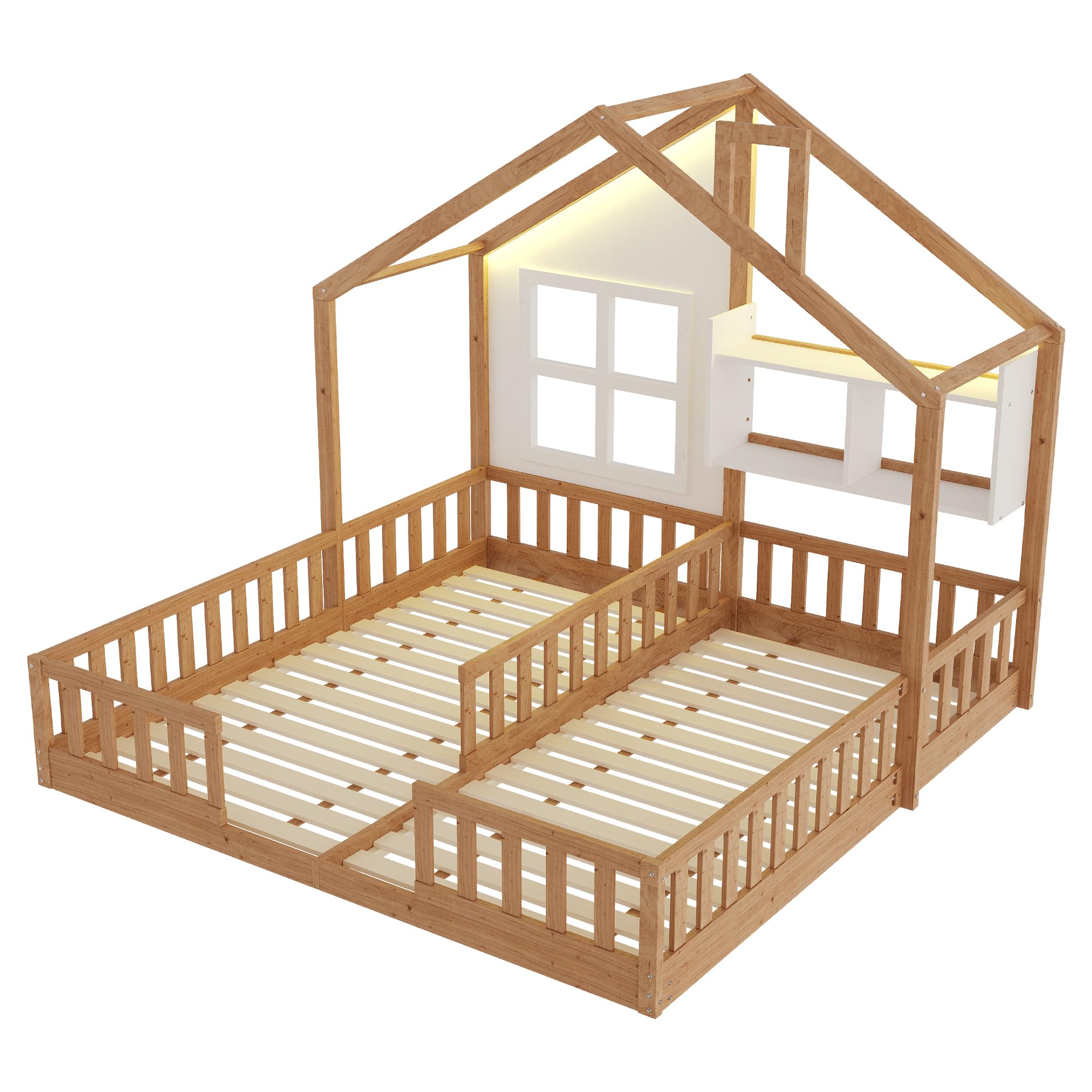 Kinderbett Bodenbett 180x200,Hausbett mit Rausfallschutz&Lattenrost,Montessori Bett mit Ablageflächen&LED-Beleuchtung,Freistehendes Doppelbett Gitterbett Bettgestell Spielbett,Ohne Matratze,Holzfarbe