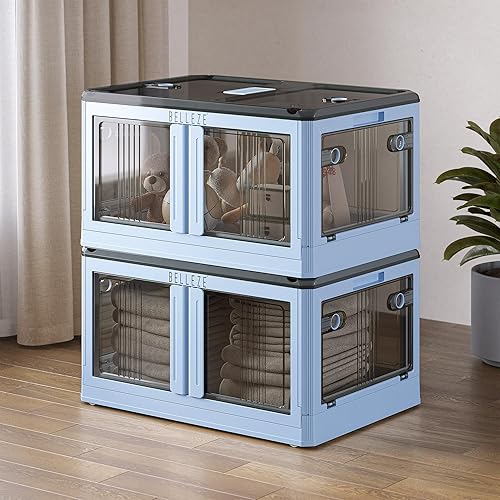 BELLEZE Contenedores de almacenamiento apilables con tapas, 19 galones, 2 paquetes, cajas de almacenamiento plegables plegables con ruedas para