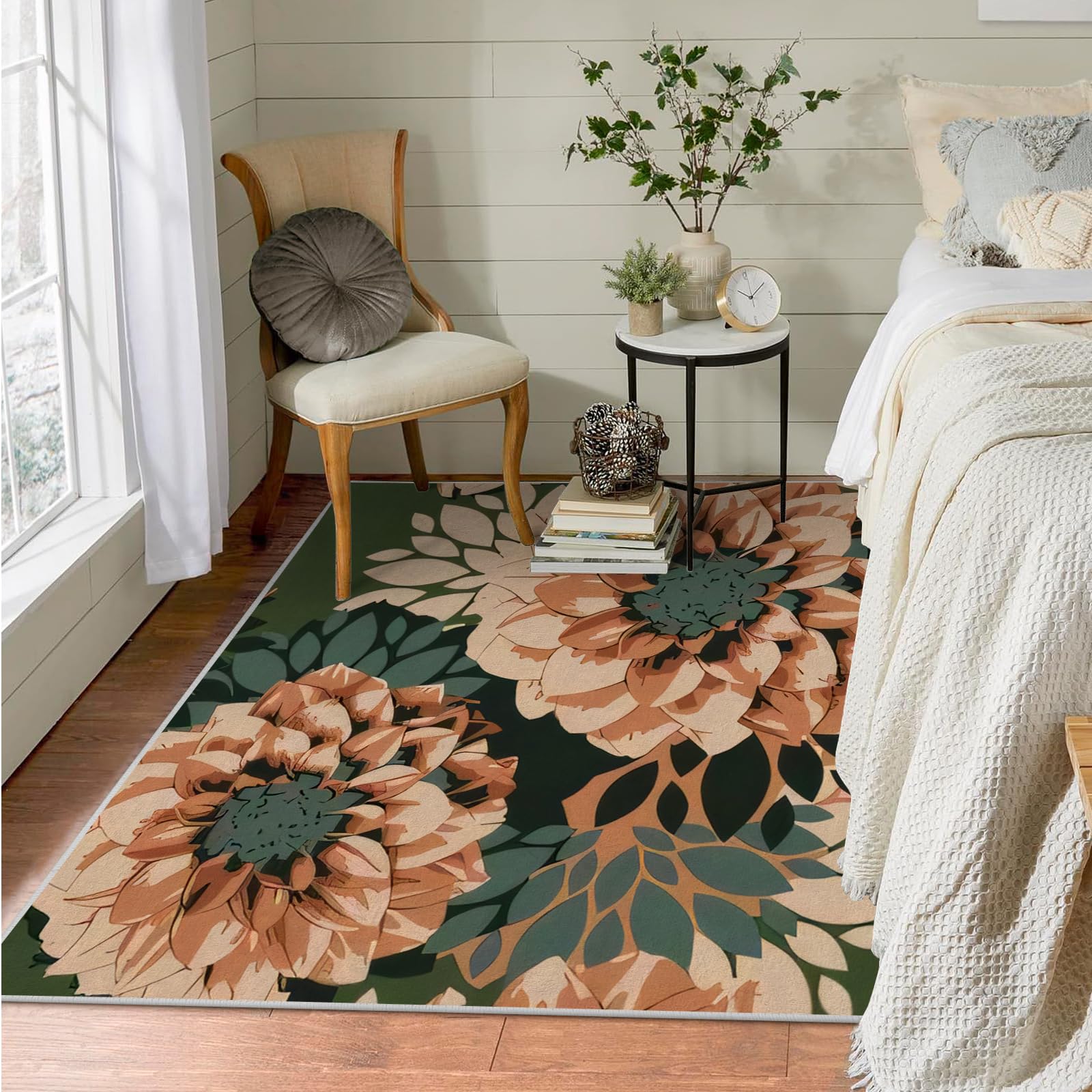 Teppich Quadratisch 150x150 Dahlie Teppich Kurzflor Waschbar in Waschmaschine Blumen Teppich Gegend rutschfest Dünn Saugfähig für Wohnzimmer Schlafzimmer Küchen