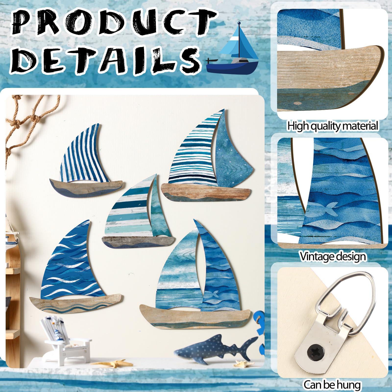 Amazon.com: Wesiti 5 Pcs Wooden Sailboat Wall Decor Nautical Decor