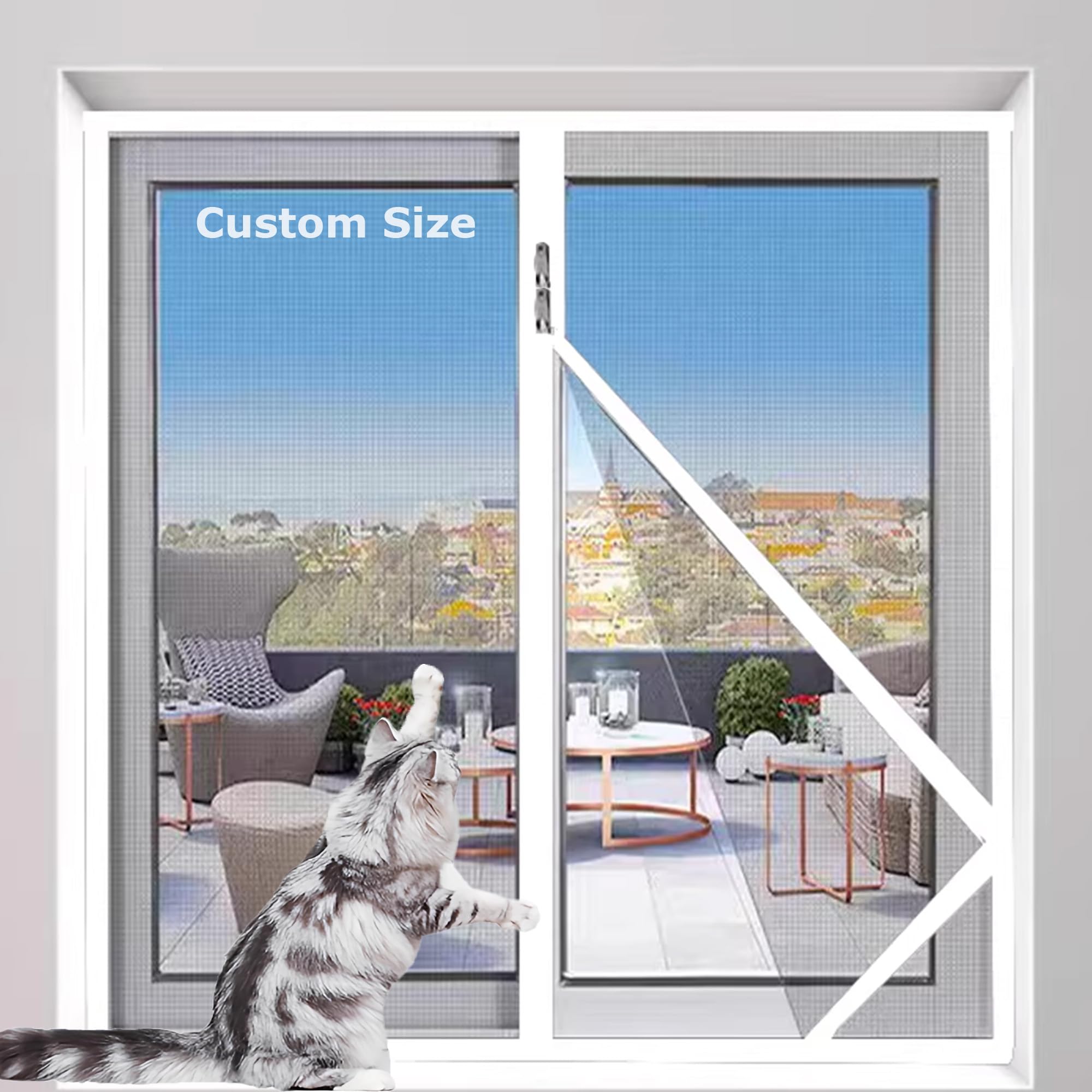 Cats Window Protection Mesh, Self-Adhesive Window Screen Mesh, Cat Safety Net with Zipper, Anti Insect Mosquito Netting, Semi-Transparent Fly Screens Net