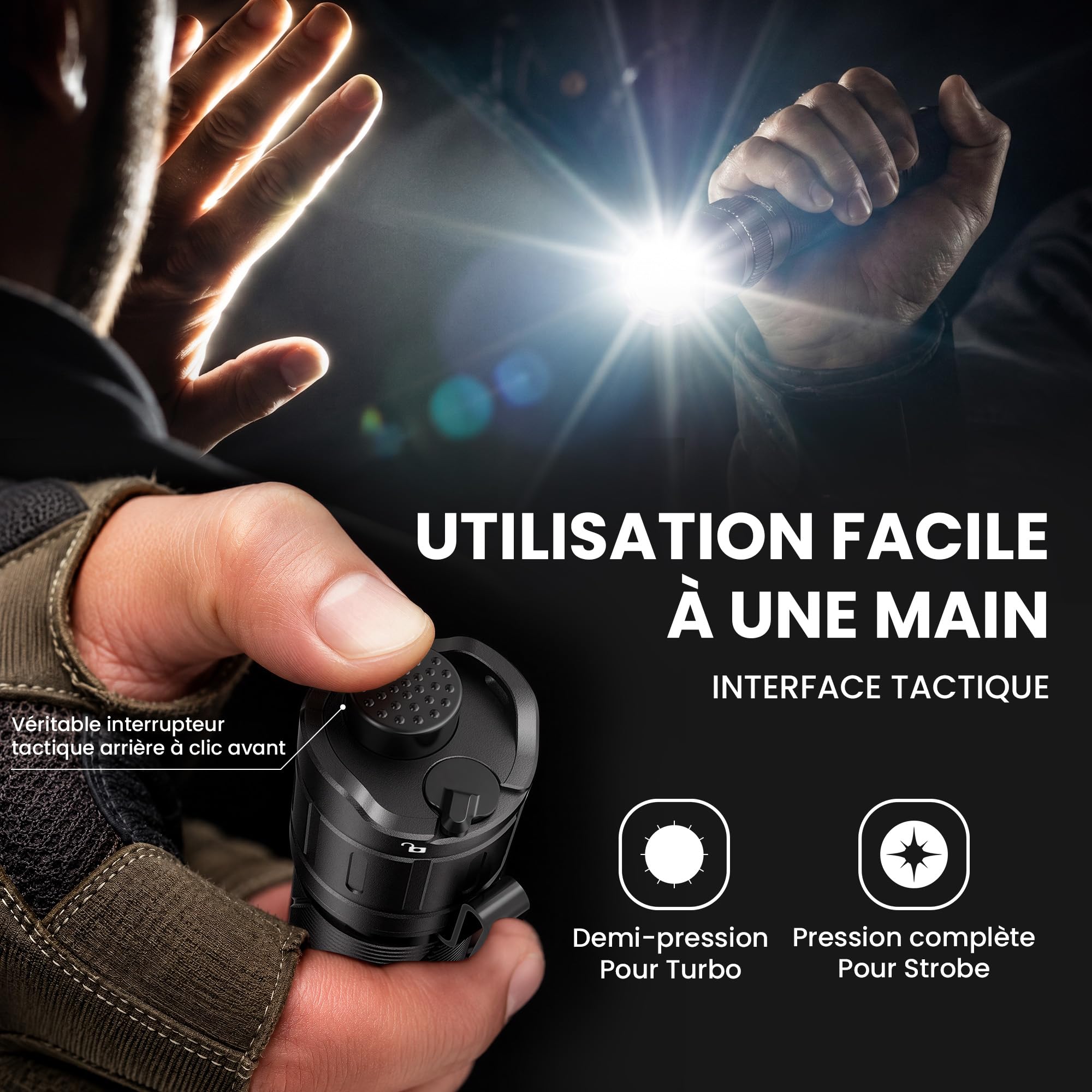 Sofirn SK31 Lampe de poche tactique LED rechargeable 6800 lm 395 m IPX8 | 6800 lumens, portée de 395 m, 9 modes, USB-C, rechargeable, IPX8, tactique, extérieur, camping, autodéfense
