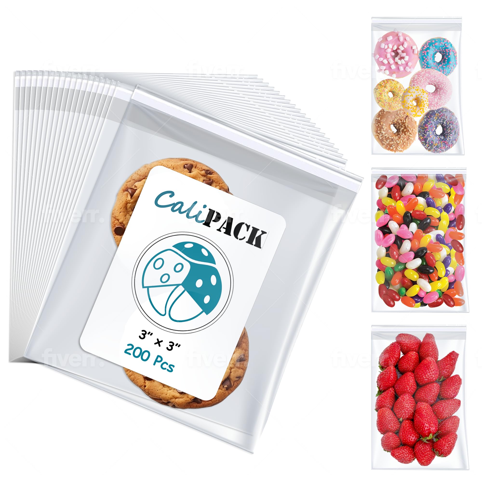 CaliPack 3" X 3" (200 Pack) Cellophane Bags w/Adhesive Self Adhesive, Resealable, Clear Gift Wrap Cellophane Bags Cookies, Treats, Sweets, Candy,