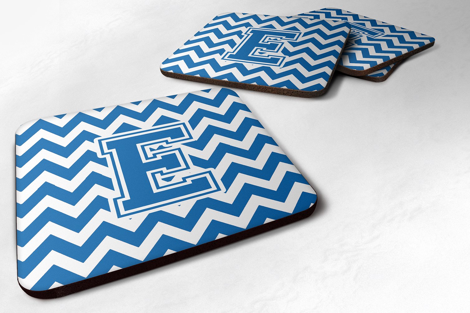 Caroline's Treasures CJ1056-EFC Letter E Chevron Blue and White Foam Coaster Set of 4 Set of 4 Cup Coasters for Indoor Outdoor, Tabletop Protection, Anti Slip, Mouse pad Material