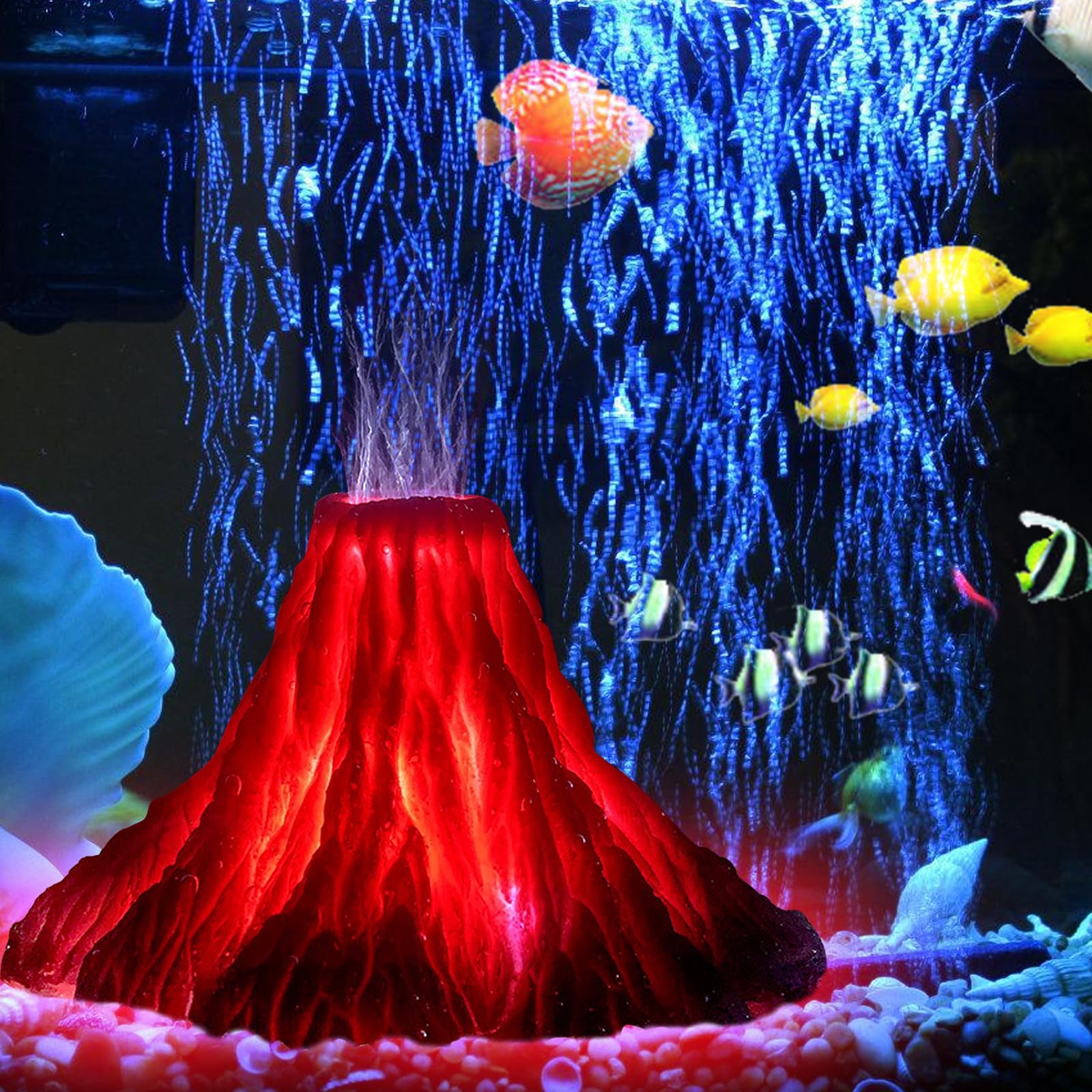 BORDEAG Kit di Ornamento Vulcano per Acquario con Illuminazione LED, Pietra Vulcanica