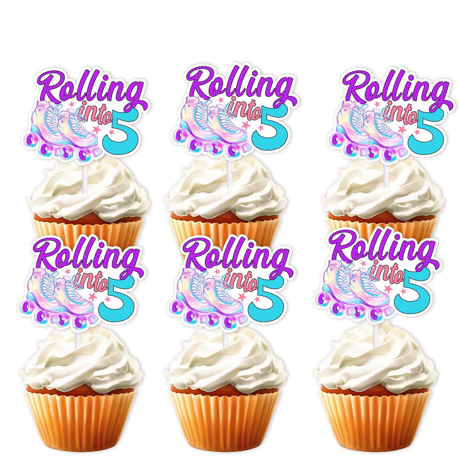 18pcs Purple Glitter Roller Skates Dessert Cupcake Topper 80s 90s Retro Hip Hop Roller Skating Rolling into 5 Theme Decor Supplies Boy Girl 5th Happy