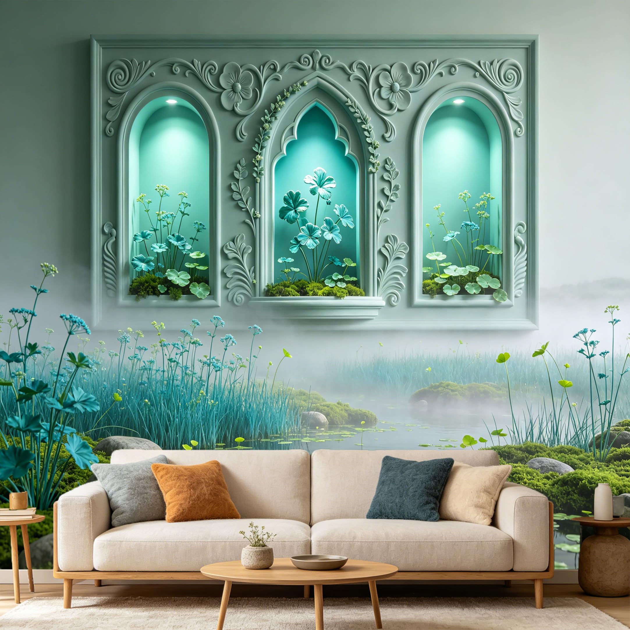 Custom Size Wall Mural， 3D Archway Botanical Pond Mist Teal Landscape， SelfAdhesive Art Prints wall Fabric Removable Large Wallpaper Home Living Room Decor