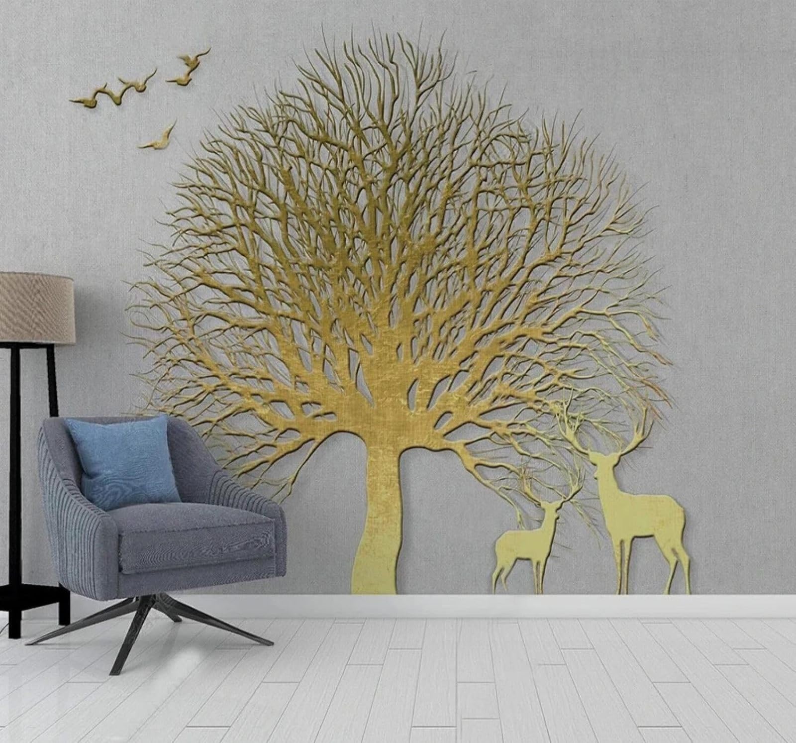 XLMING Luxury Gold Large Tree Birds in Flight Reindeer 3D Wallpaper Luxury Home Dining Decor Paste Sofa Living Room The Wall for Bedroom Mural-150cm×105cm