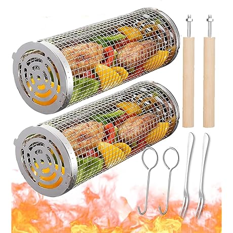 Rolling Grill Basket Set for Outdoor Grilling