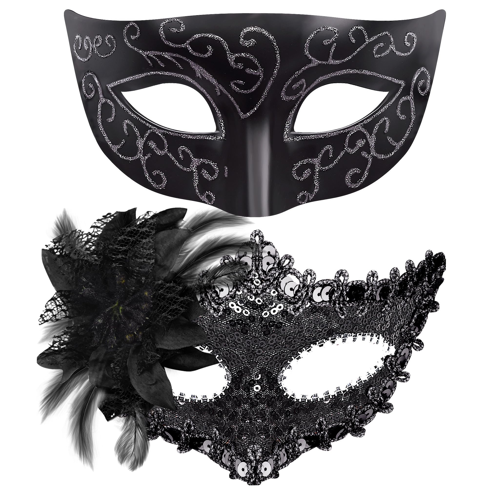 SIQUK Couple Masquerade Masks Set Venetian Party Mask Costume Mask, Rounds Black, One Size — image 1
