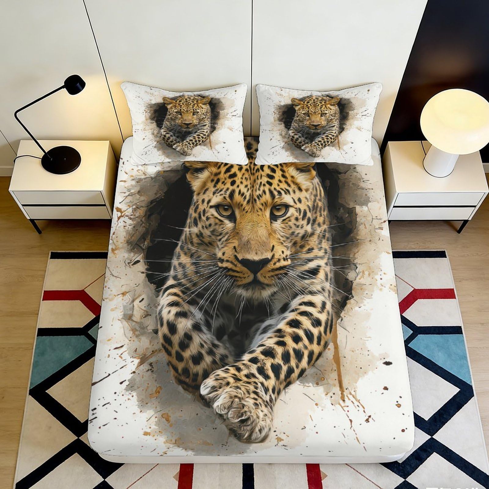 3D Printed Realistic Leopard Fitted Sheet Microfiber Soft Animal Jungle Mattress Cover for Bedroom Dorm Decor 180x200x25cm
