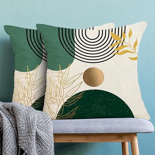 Miniatura 4 de Juego de 2 fundas de almohada bohemias de 18 x 18 pulgadas, estilo bohemio de mediados de siglo, color verde y dorado, fundas de almohada de lino de