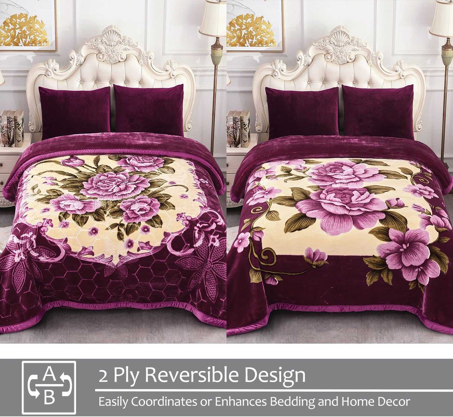 JML Fleece Blanket King Size, 87" x 94", 10.5 Pounds, Heavy Korean Style Raschel Blanket for Winter - Silky Soft， Plush, Thick, Warm, 2 Ply, A&B Floral Printed with Embossing Pattern, Purple Flower