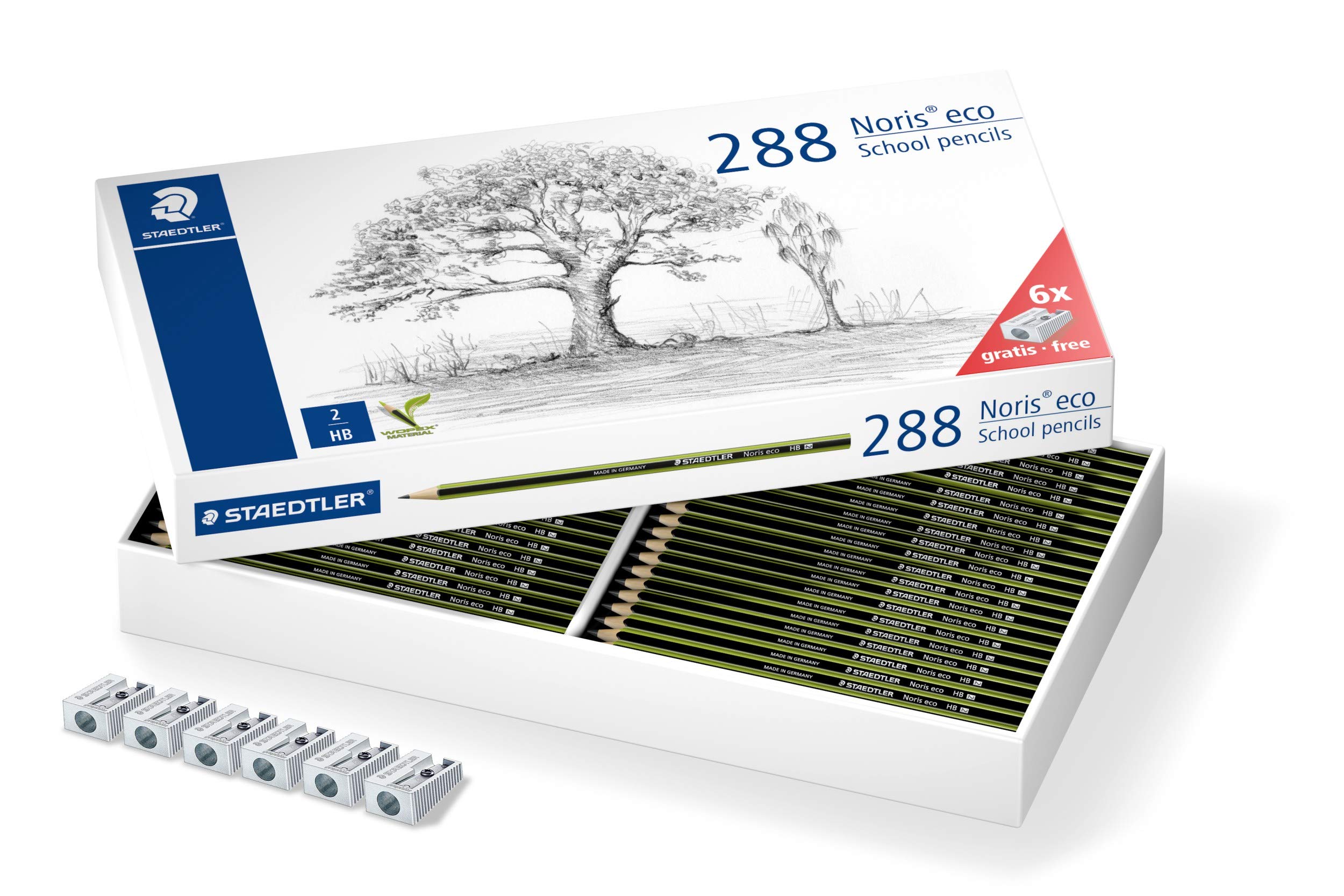 Staedtler Noris eco ołówki (wysoka odporność na pęknięcia, antypoślizgowa miękka powierzchnia, materiał Wopex, stopień twardości HB, Class-Pack, 6 metalowych temperówek gratis, 18030 C288)