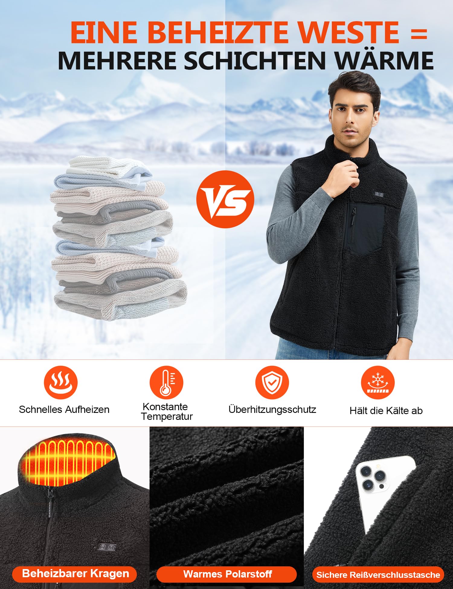 Beheizbare Weste Heizweste Herren mit Powerbank 18400mAh 7.4V, Fleece Beheizte Weste, Elektrische Wärmeweste für Winter