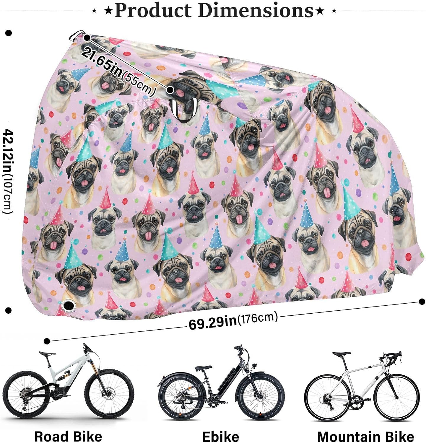 ALAZA Pug Dog Polka Dot Bike Cover Waterproof Outdoor Ebike Bicycle Covers Tarp Protection for 1/2 Bikes, Sun UV Dust Wind Proof