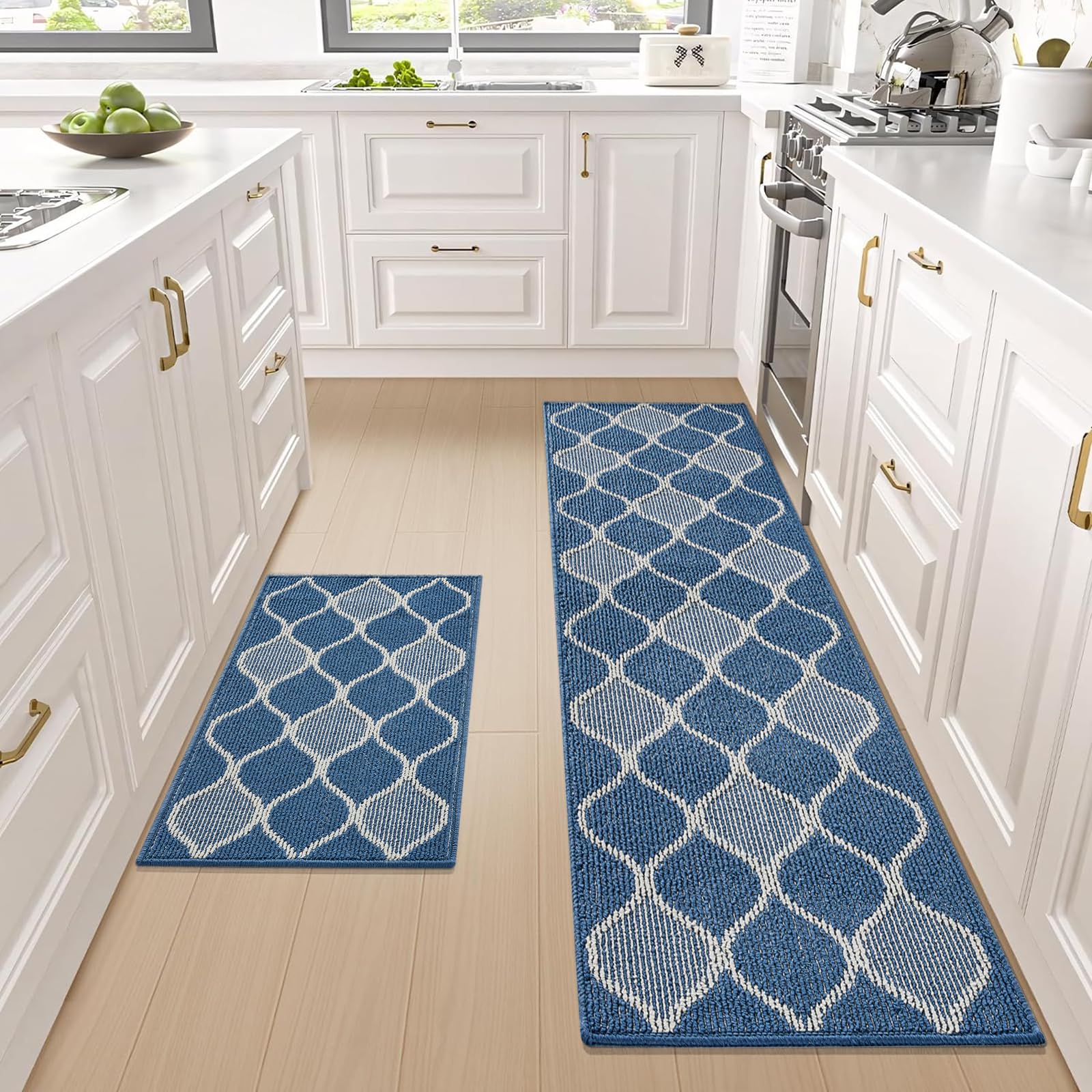 17.7"x29.5"+17.7"x59" Blue Kitchen Mat, Kitchen Rugs Non Skid Kitchen Runner Rug Absorbent Resist Dirt Kitchen Floor Mat Comfort Standing Mat