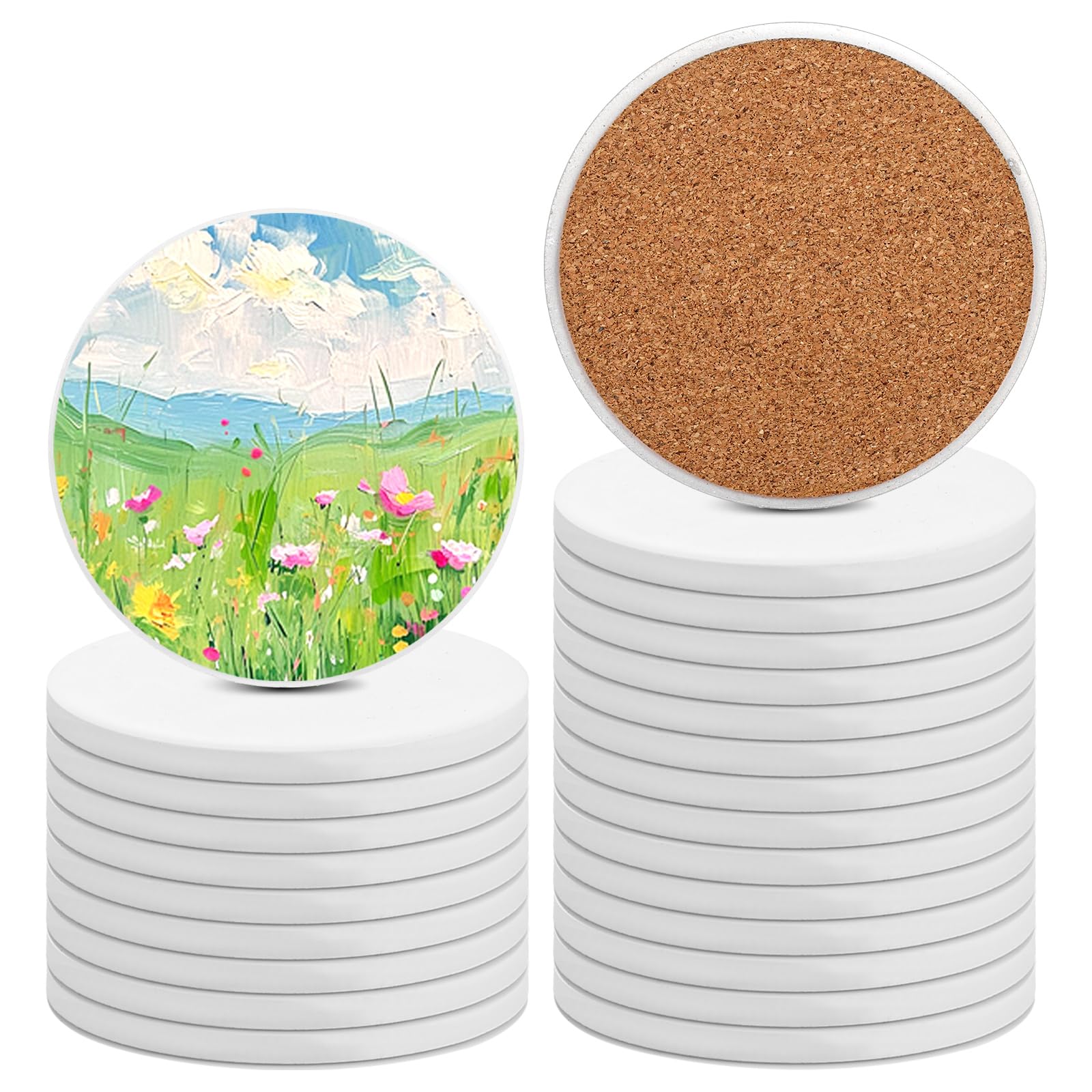 APACALI Set di 25 sottobicchieri in ceramica, 10 x 10 cm, con piastrelle in ceramica, rotondi in ceramica con retro in sughero, sottobicchieri vuoti per sublimazione, per pittura artistica e fai da