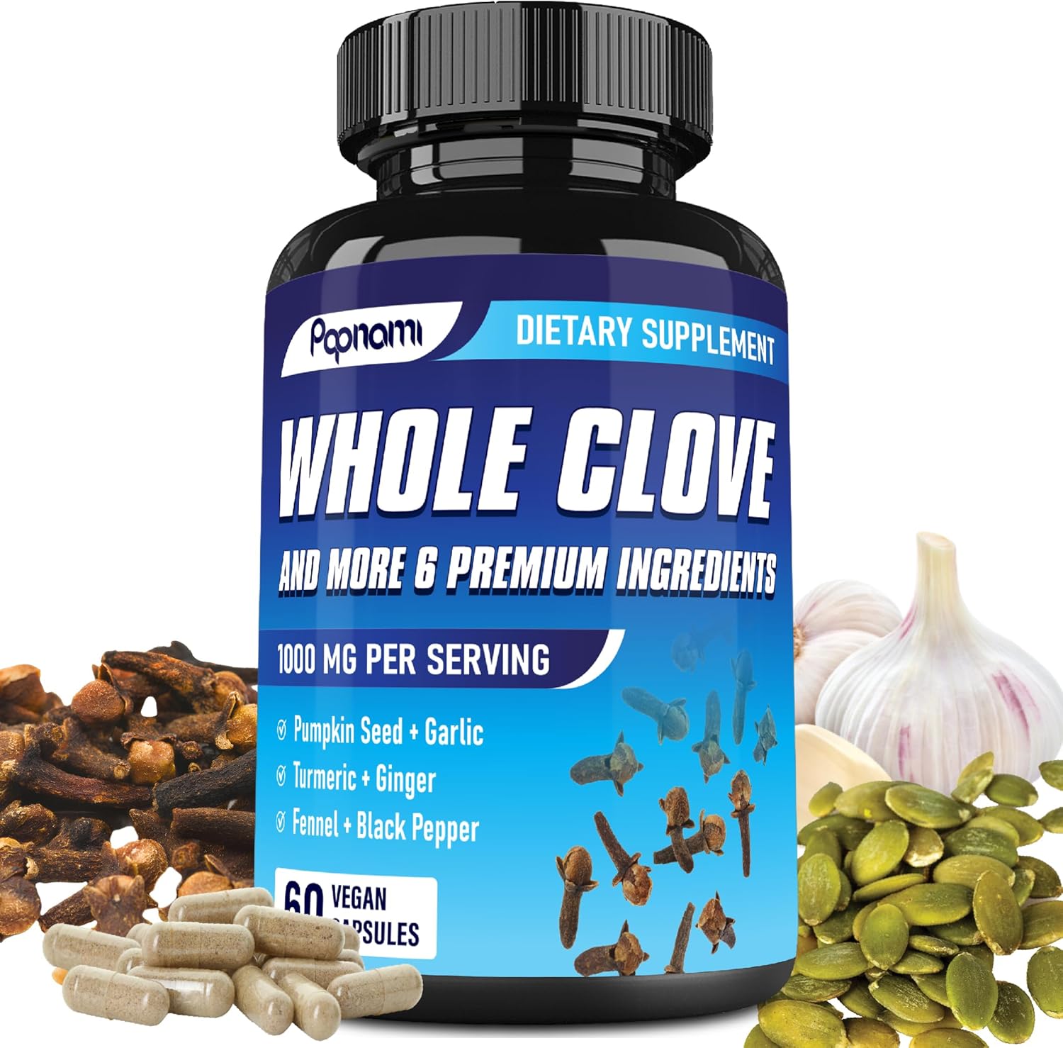 7in1 Whole Cloves Supplements - Blended with Garlic, Pumpkin Seed, Turmeric, Ginger, Fennel & Black Pepper | Digestive Health | 120 Count