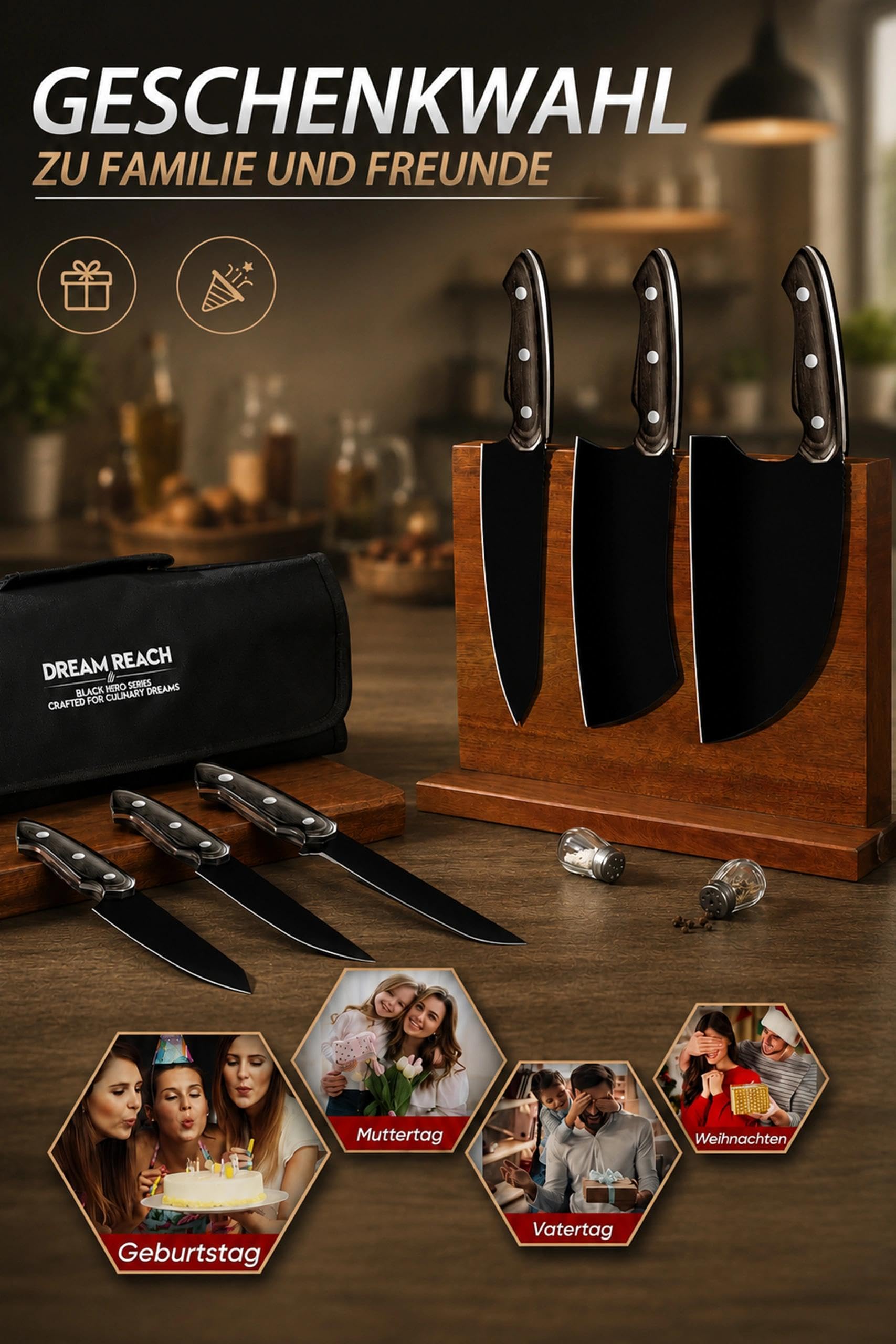 Dream Reach Cuchillos de Cocina, Juego de Cuchillos de Chef 6 Piezas Acero Inoxidable con un Afilador y Estuche para Carne, Verduras, Barbacoa y Exterior