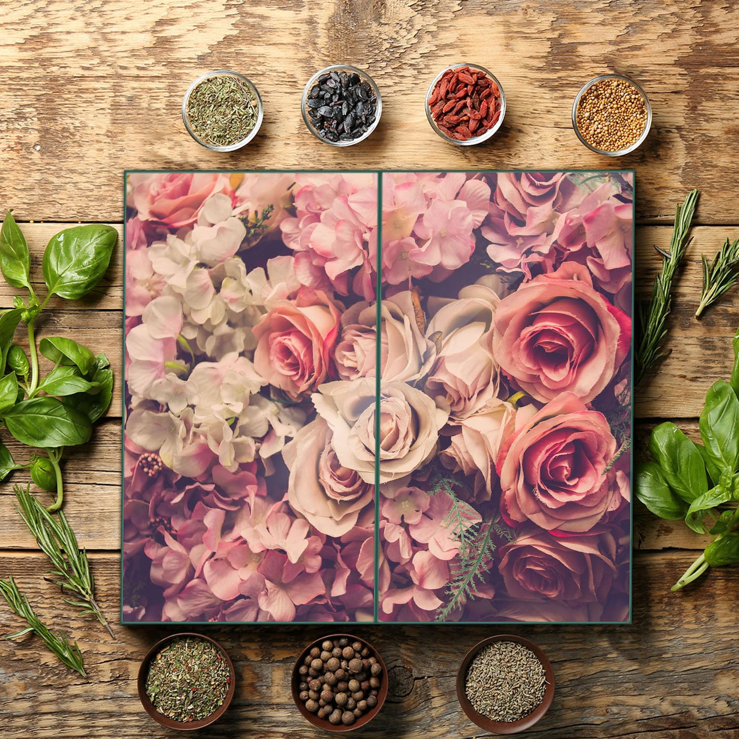 decorwelt Herdabdeckplatte 2 teilig Ceranfeld Rosen Bunt 2x30x52 Kochplatten Glas Küche
