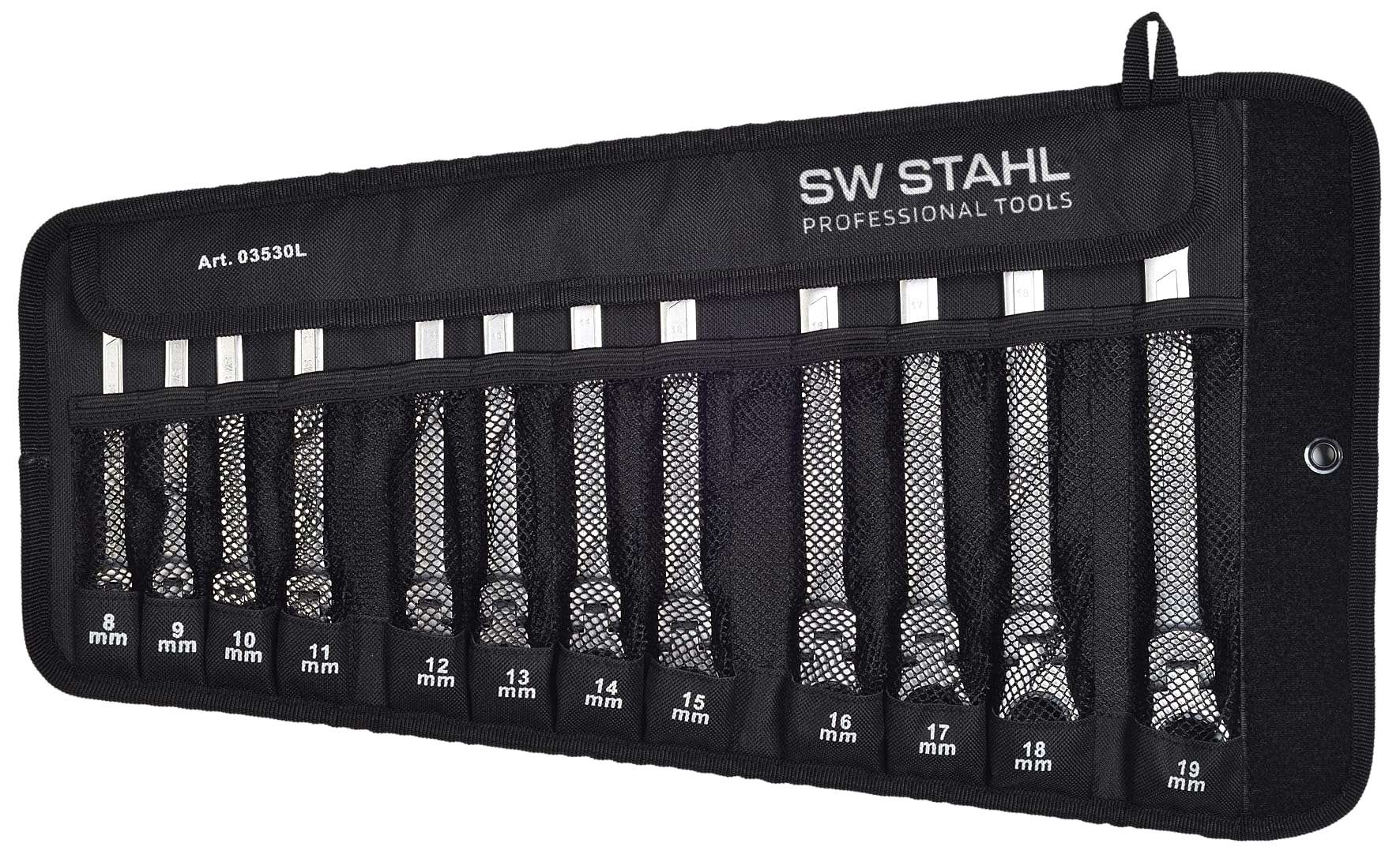 SW-Stahl 03530L Juego de Llaves Combinadas con Carraca, 8-19 mm, 12 Piezas | Herramientas con cabeza articulada flexible y acabado en cromo vanadio, estuche de transporte incluido para taller.