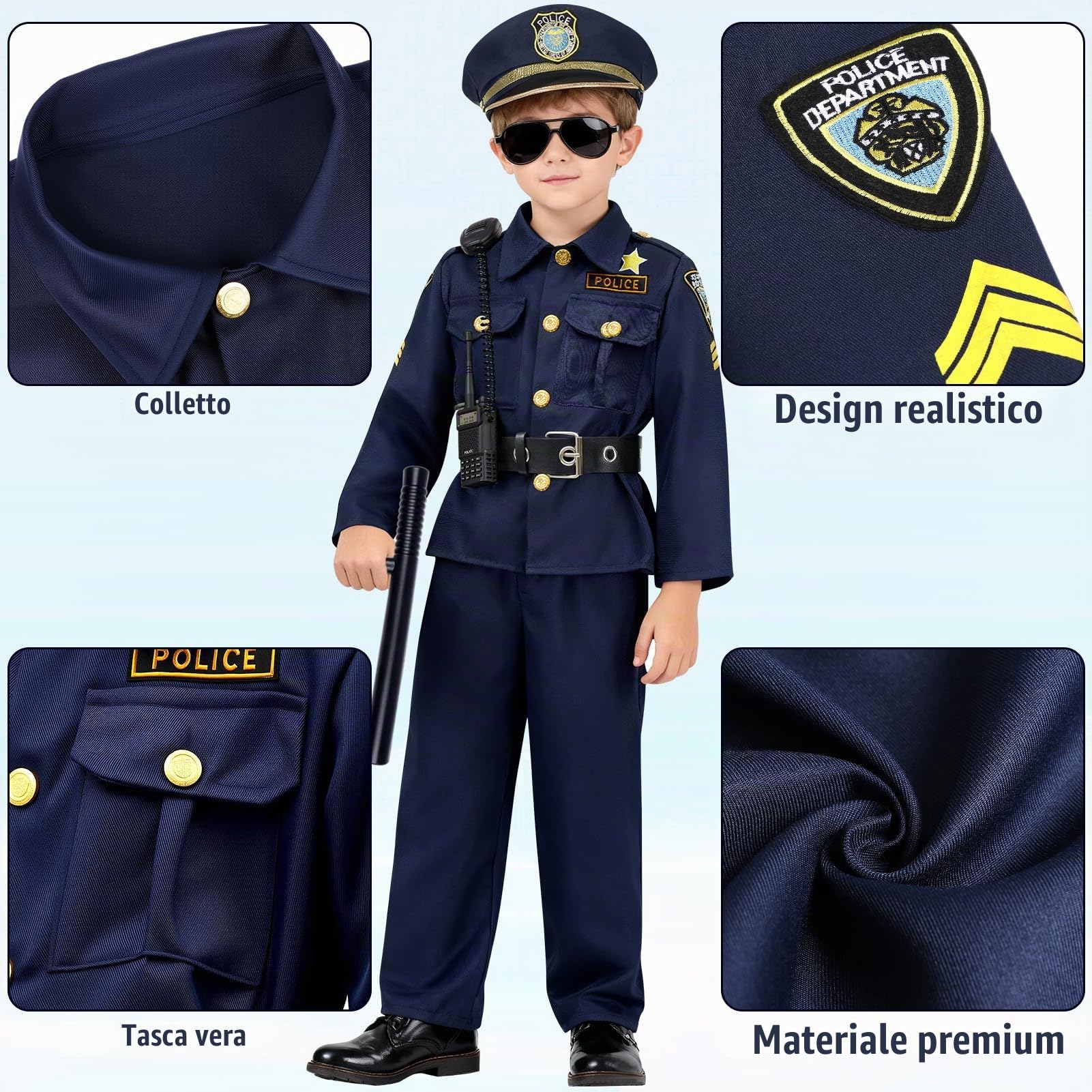Costume Poliziotto Bambino Vestito Polizia con Cappello Registratore Occhiali da Sole Walkie Talkie Manette Giocattolo Polizia Accessori Costume Halloween Carnevale per Bambini