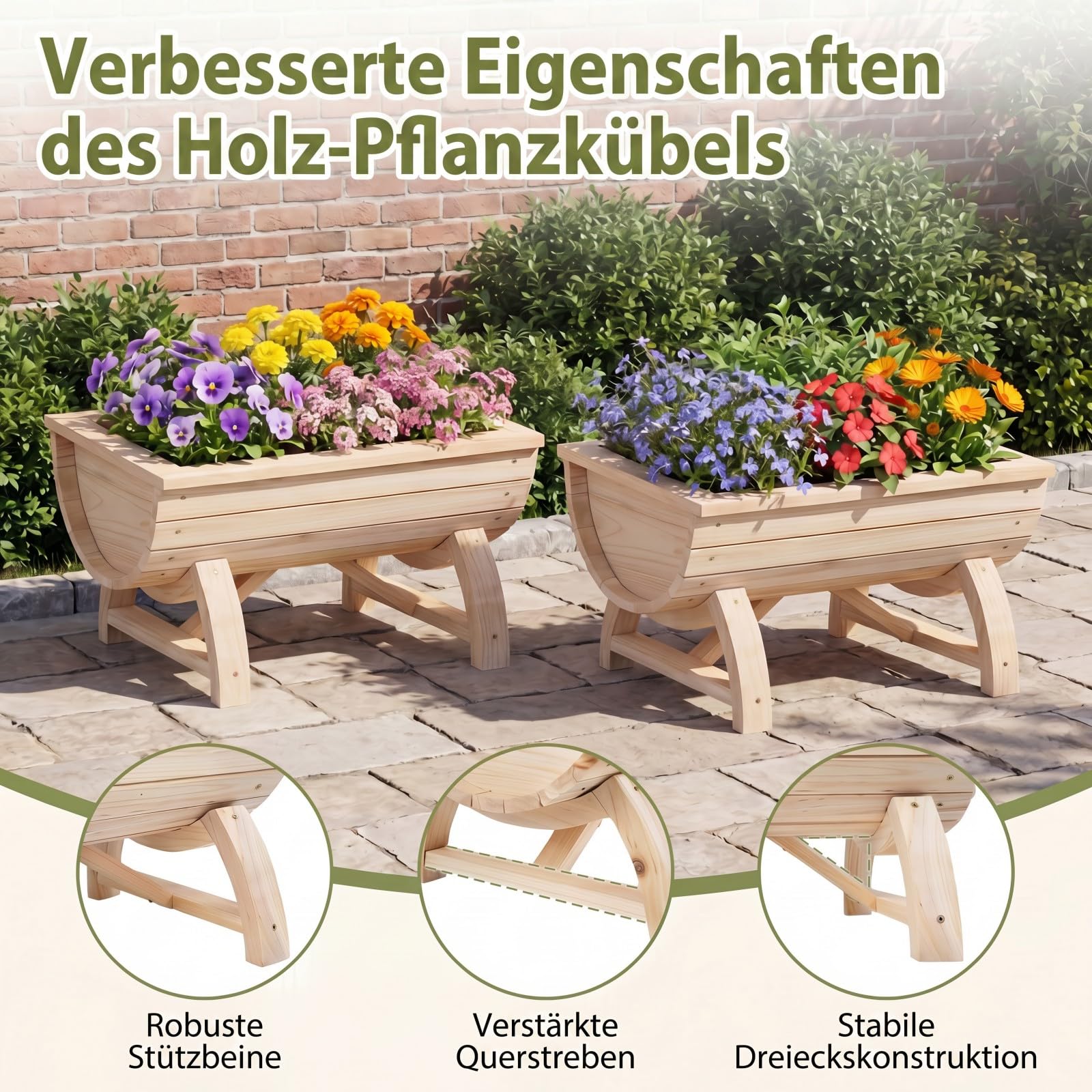 GOPLUS Blumenkasten 2er Set, Hochbeet aus Holz, Pflanzkasten mit Entwässerungsloch & Beinen, halbes Blumenfass für Gemüse, Kräuter, Obst, Outdoor Gartendeko, Blumentopf Blumenbeet für Garten & Balkon