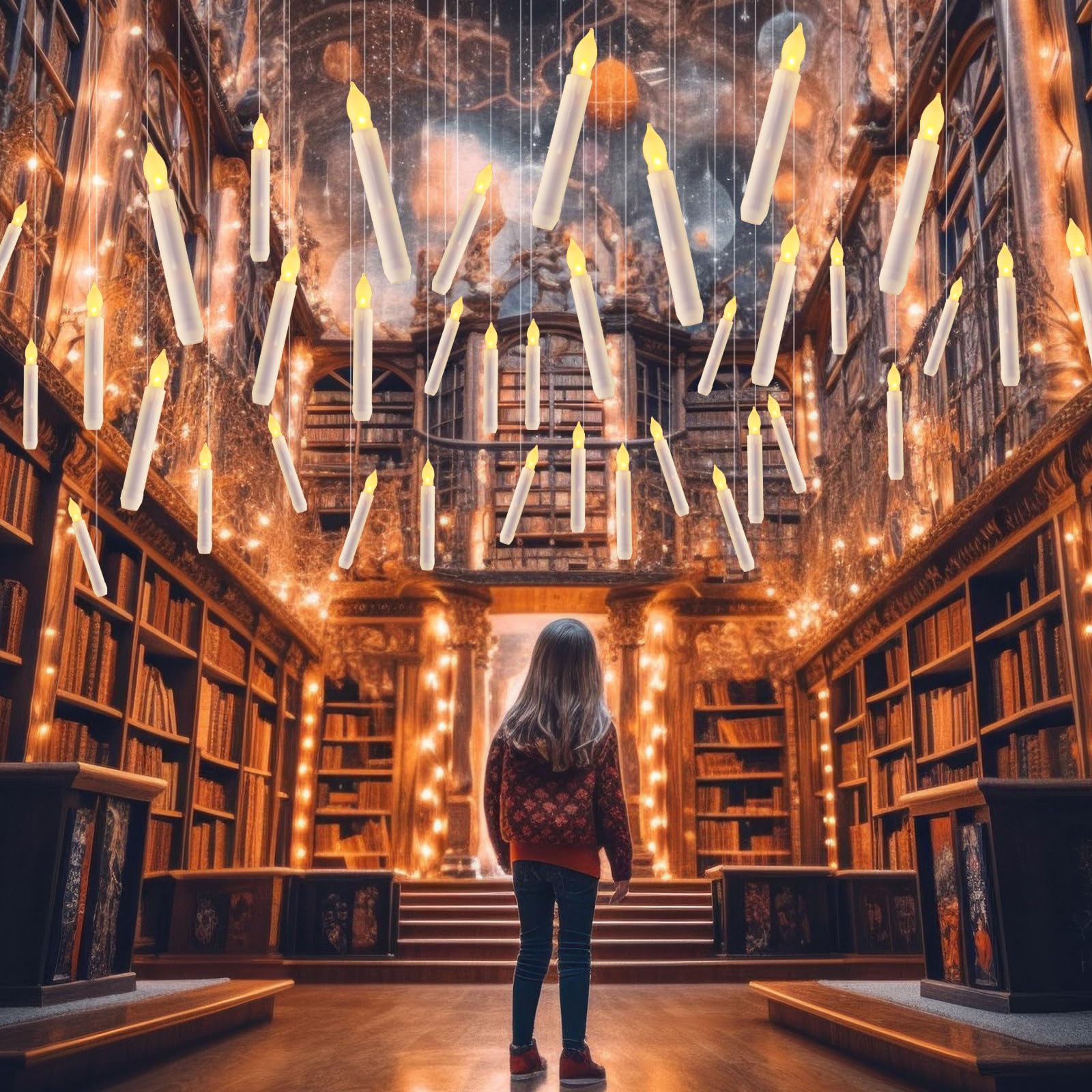 Macarrie 82 Pcs Flamelesss LED Taper Candles Battery Operated Floating Candle with Flame and Fish Wires LED Taper Floating Candle for Halloween Church Wedding Christmas, 6.5 Inch(White)