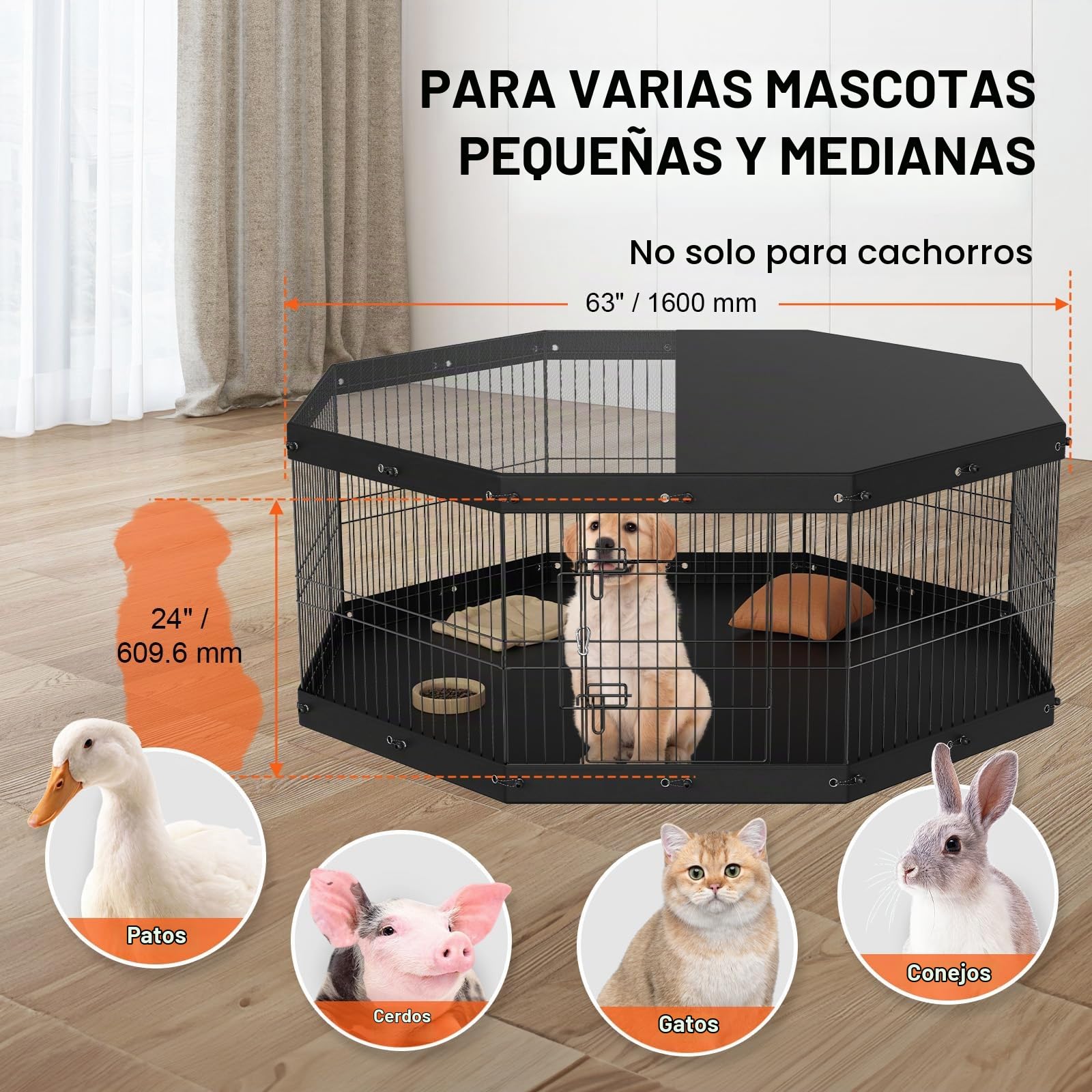 VEVOR Valla para Perros de 61x61 cm, Parque para Perros, Conejos, Gatos, con Cubierta Superior y Valla para Mascotas Pequeñas y Medianas, 8 Paneles de Metal Plegables para Acampar en Interior Exterior