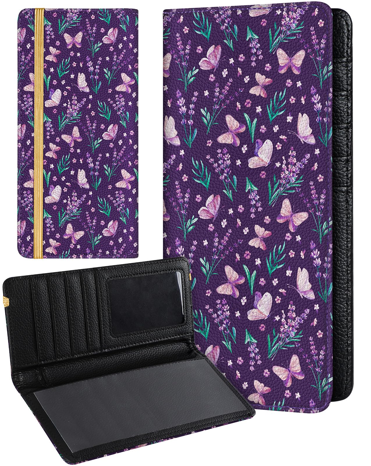 Slohif Checkbook Cover for Personal Duplicate Checks - Women Check Cover Book Wallet Holder Purple Butterfly Faux Leather Top Side Tear