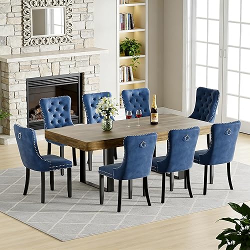 Goujxcy 9-Piece Extendable Dining Table Set for 8, 63-78.7 Inch Brown Wood Kitchen Table Set with 8 Blue Upholstered Chairs Modern Wood Expandable Dining Room Table Set for Kitchen Apartment
