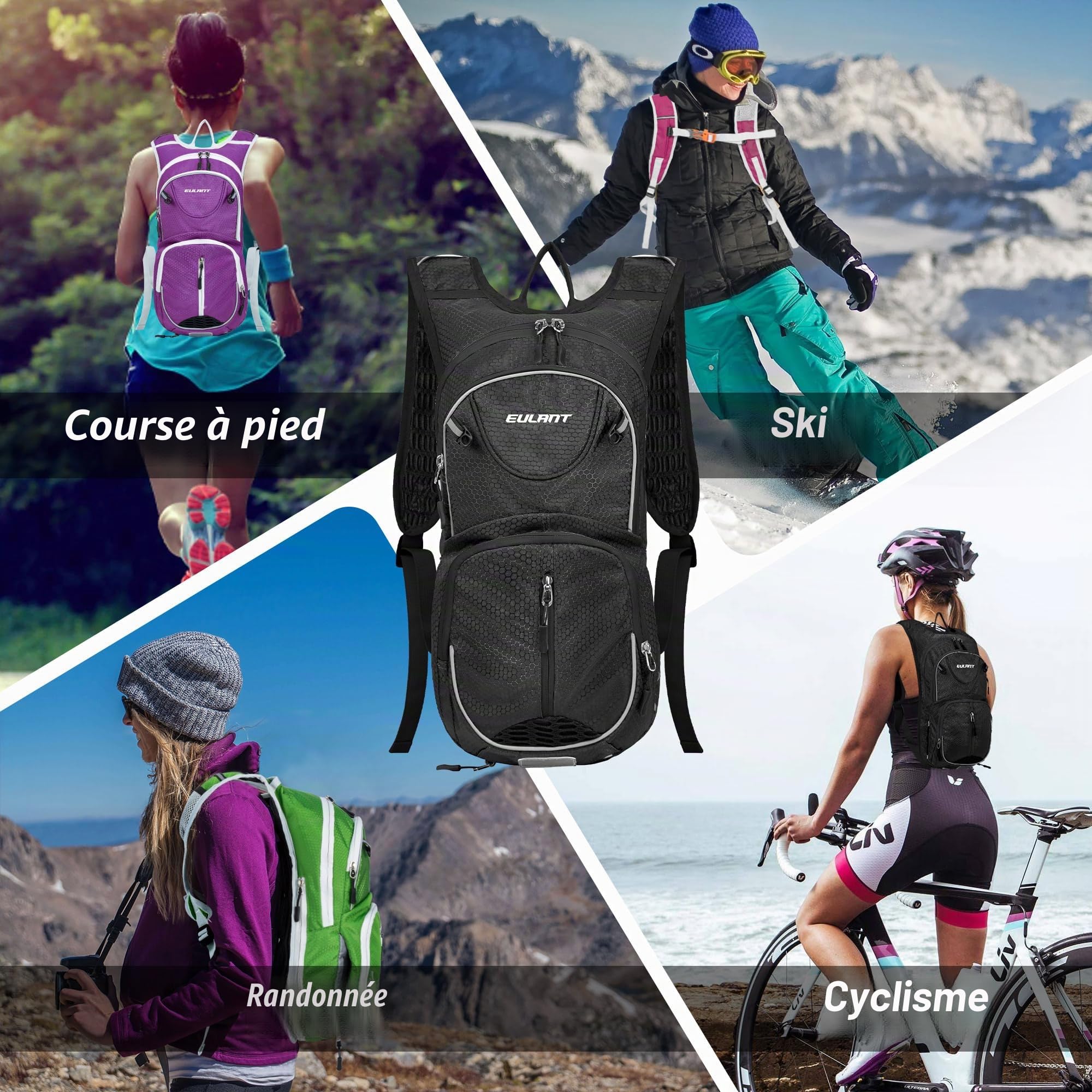 EULANT Petit Sac a Dos de VTT,Impermeable Sac à Dos Ski,12L Reflechissante Sacs à Dos D'hydratation Isotherme pour Course Vélo Randonnée Natation Camping Alpinisme,Noir