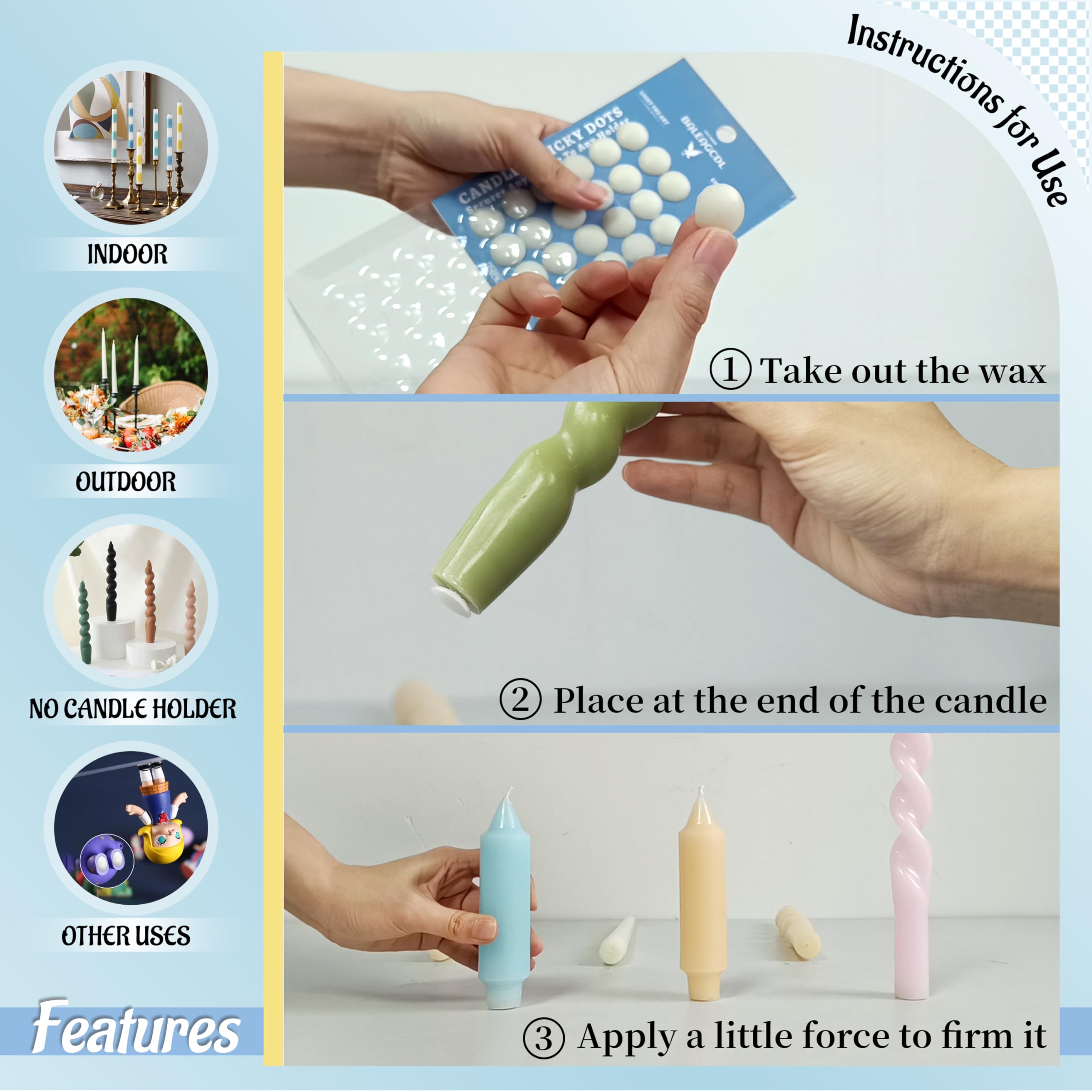 Candle Sticky Dots - 2 Pack, 48 Blue Wax Adhesive Dots For Securing Candles In Holders - View #8