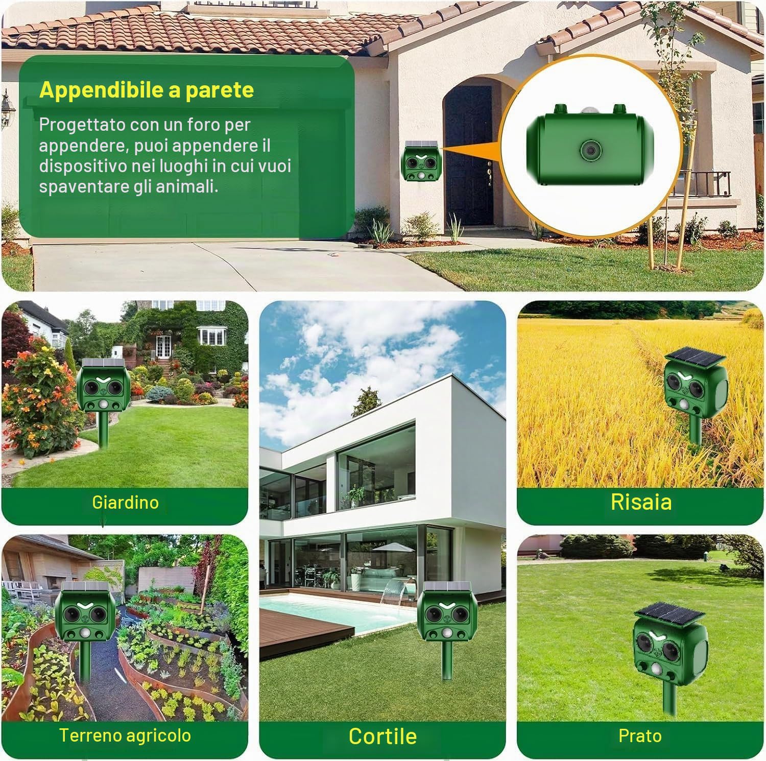 Ultrasonico Solare Alimentato Animale Deterrente,Sensore di Movimento e Luce Stroboscopica Impermeabile per Giardino,Cortile e Fattoria Allontana Volpi,Cani,Gatti,Uccelli e Ratti