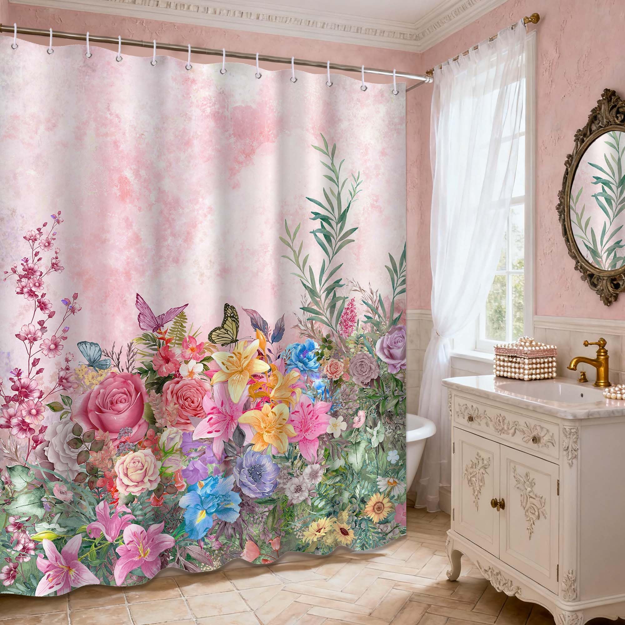 Rideau de Douche Rose printanier à Motif Floral et botanique, imperméable, avec Crochets, 244x200cm(LxH)