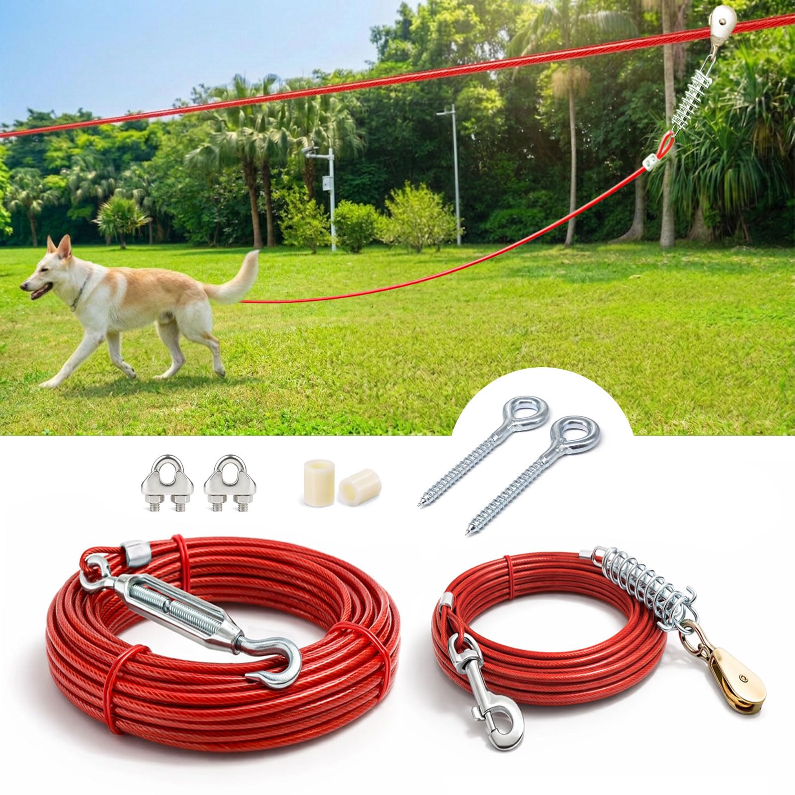 Hundelaufenleine für Hunde, 30,5 m, mit 3 m langem Hunde-Läuferkabel den Garten, Camping, im Freien, langlebiges und Starkes Auslaufkabel, ideal große, mittelgroße kleine Hunde bis zu 56,7 kg