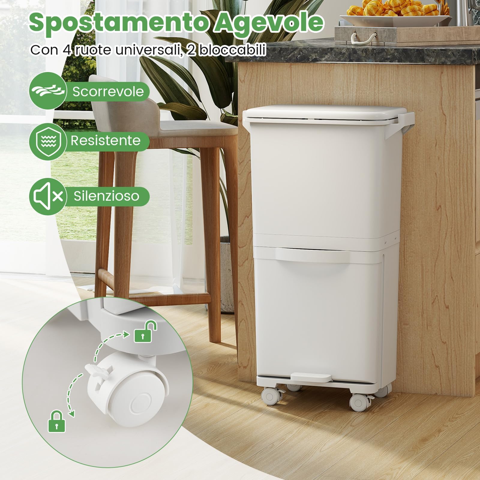 COSTWAY 40L Pattumiera Differenziata a 3 Scomparti, Bidone per Spazzatura con Cestino Rimovibile e 4 Ruote, Secchio Rifiuti a Pedale per Cucina Sala da Pranzo Soggiorno (Bianco)