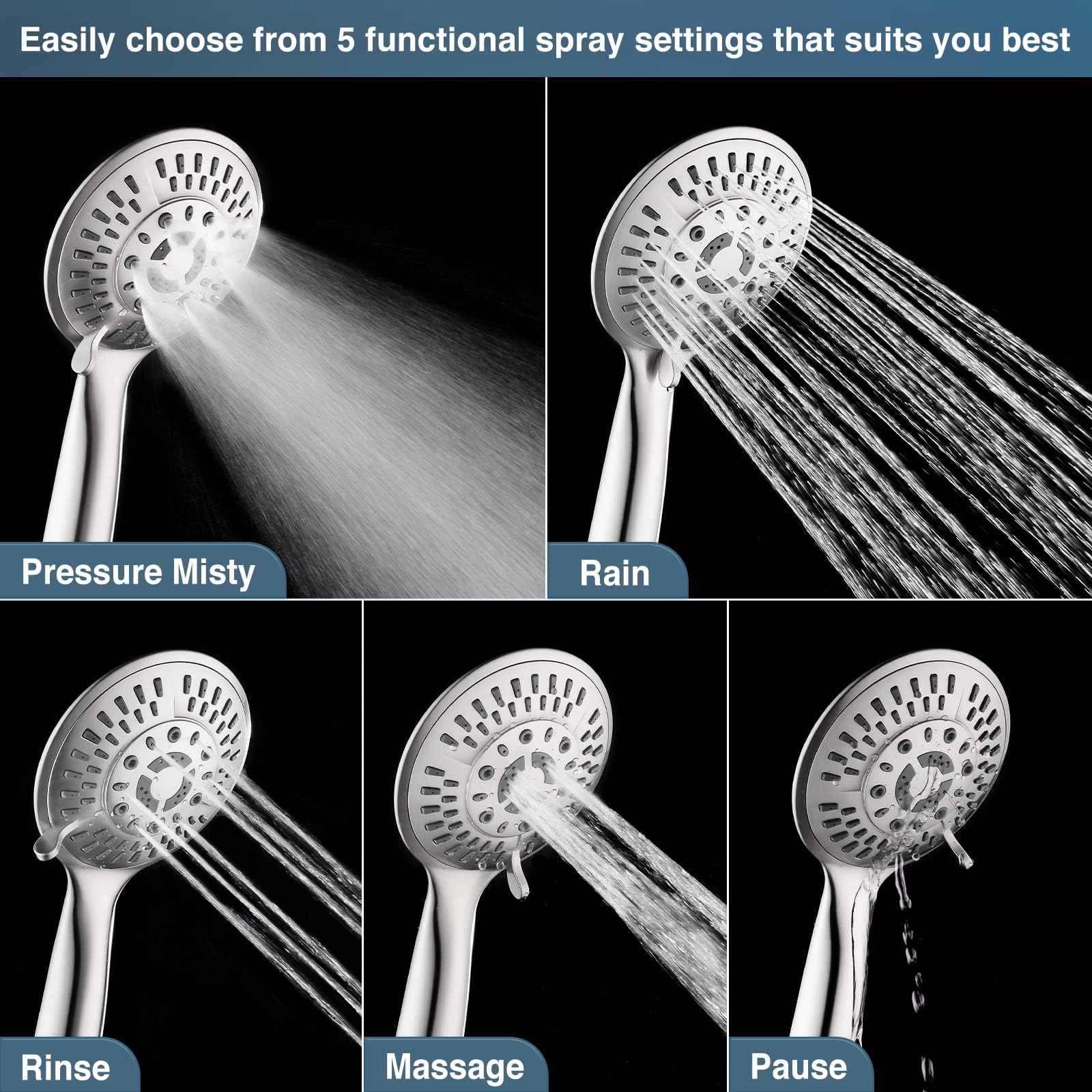 Soffione doccia a 3 vie ad alta pressione con barra scorrevole regolabile in acciaio inox senza trapano da 66 cm, soffione doccia portatile a 10 modalità e soffione doccia a pioggia da