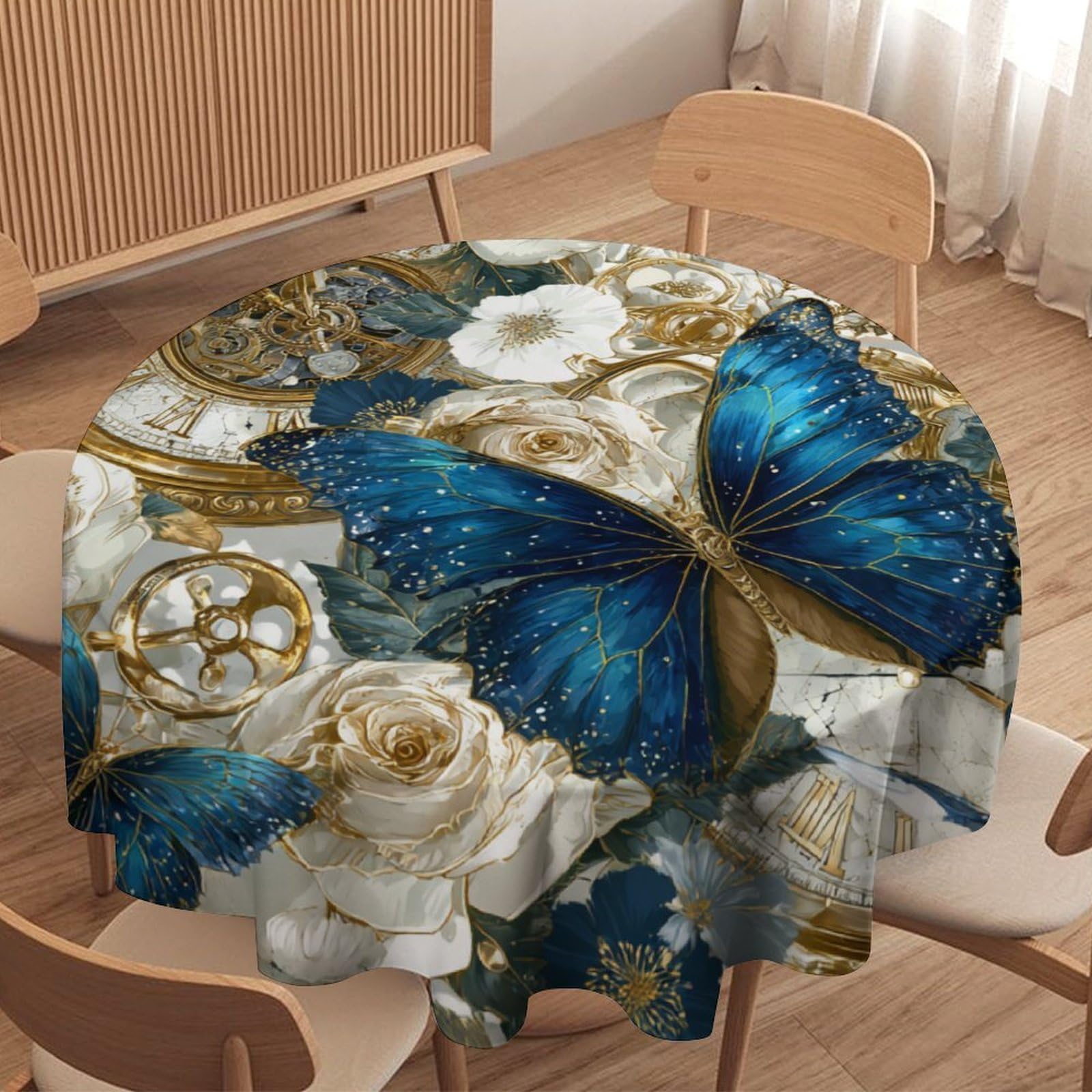 Luyysky Beautiful Fantasy Elegant Butterfly Round Tablecloth Romantic Vintage Animal Butterflies White Roses Flowers Clocks Washable Decor For Table Cover For Kitchen-91.4" Wx91.4 L Cm